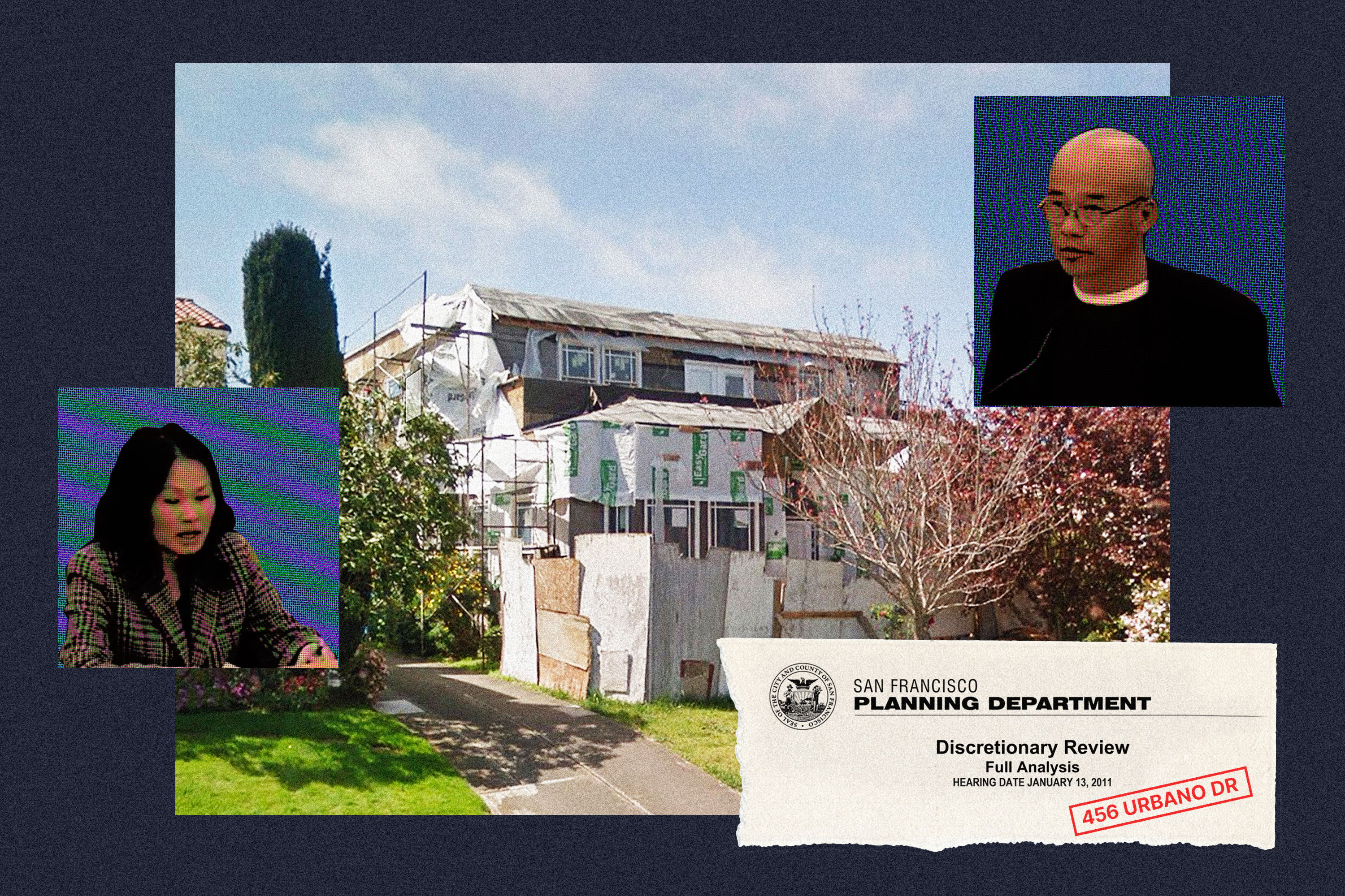 The collage shows a house under construction, two people in inset images, and a document from the San Francisco Planning Department.