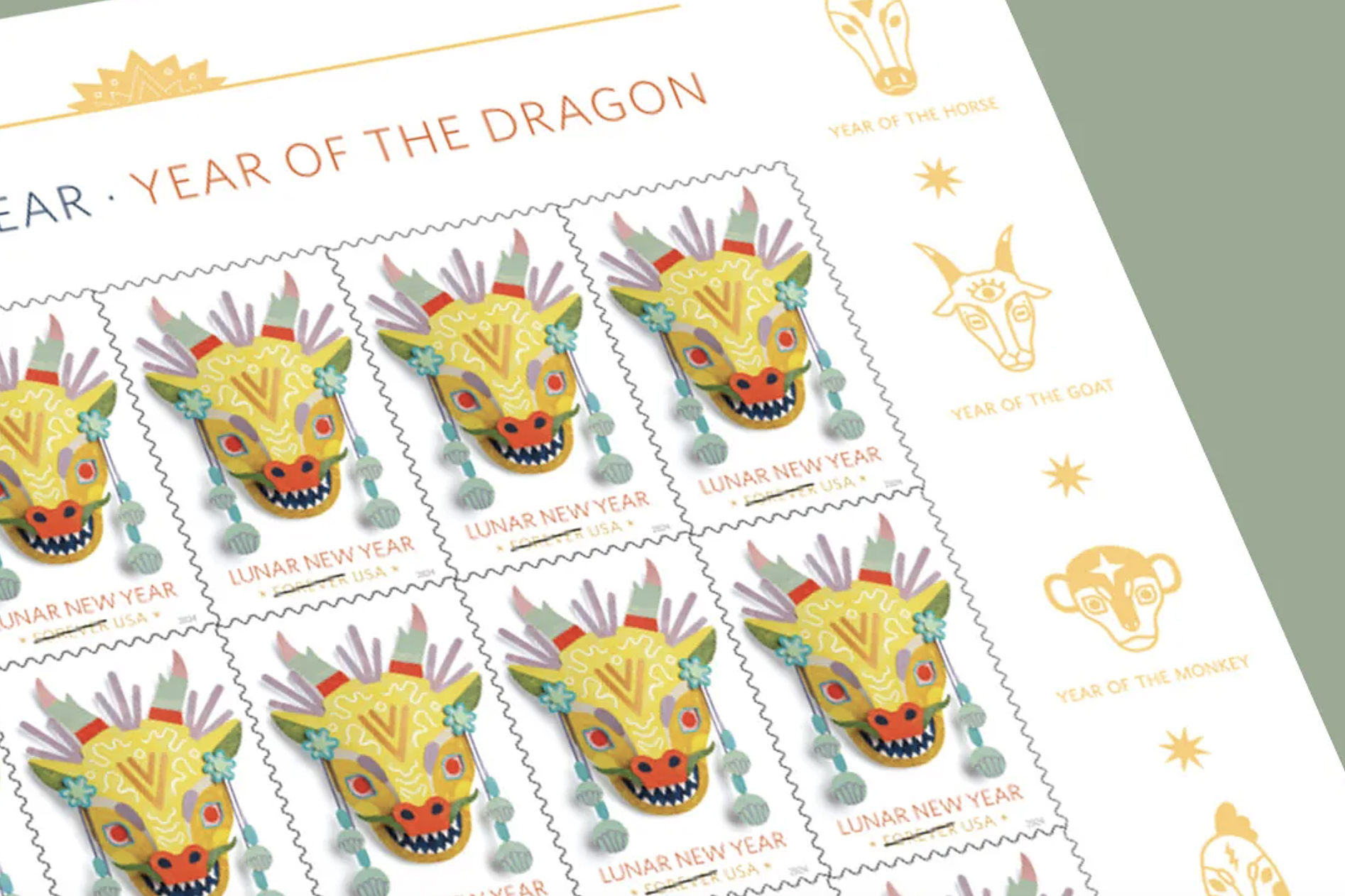 It's a sheet of Lunar New Year stamps with a colorful dragon mask design and zodiac animal icons on the right edge.