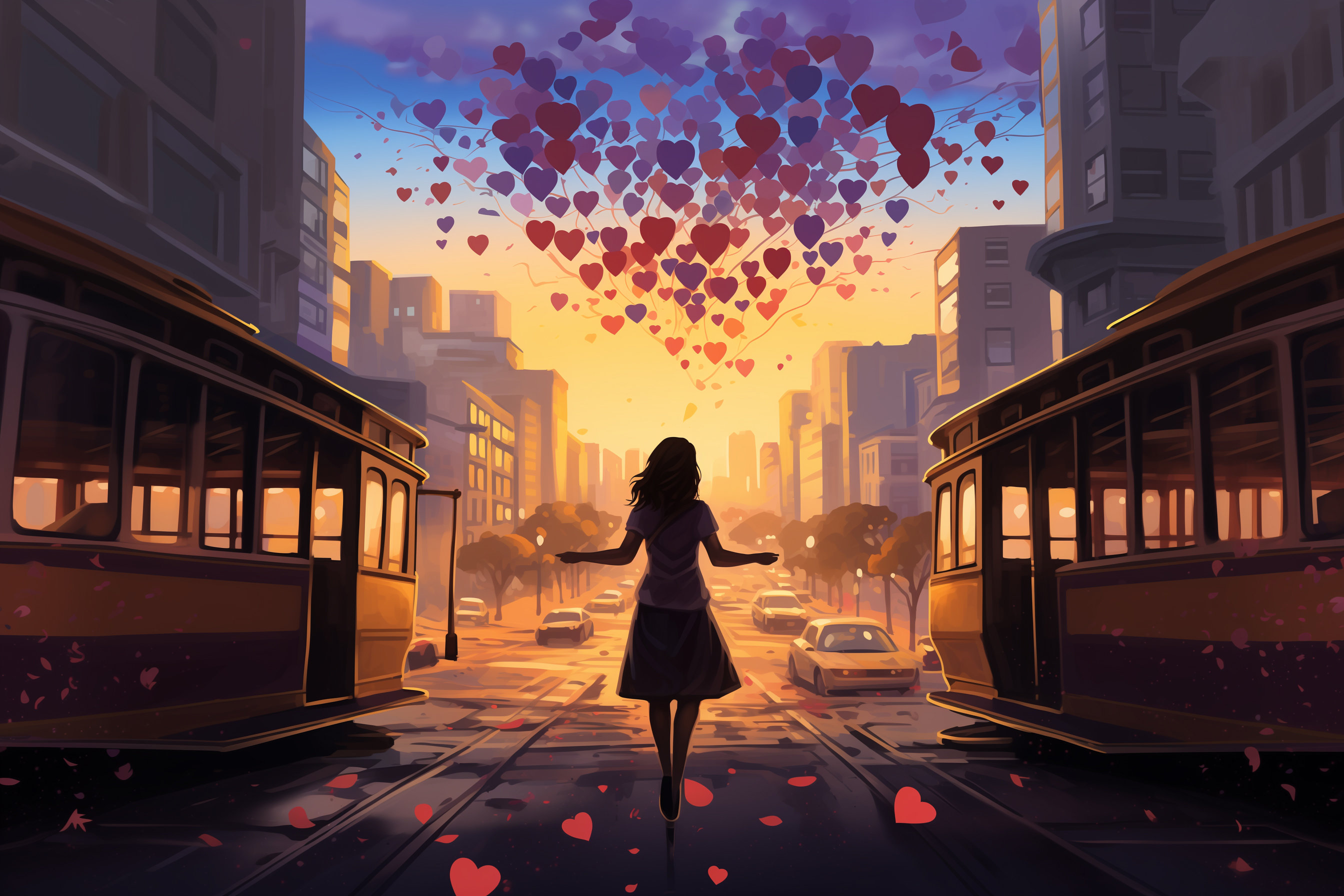 A girl in a city with heart-shaped balloons in the sky, between two cable cars at sunset.