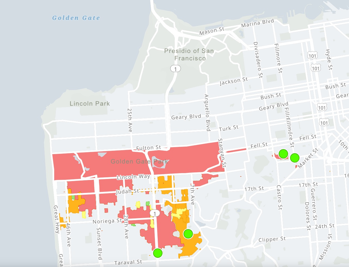 Screenshot of PG&amp;E outage map centered on western half of San Francisco neighborhoods.