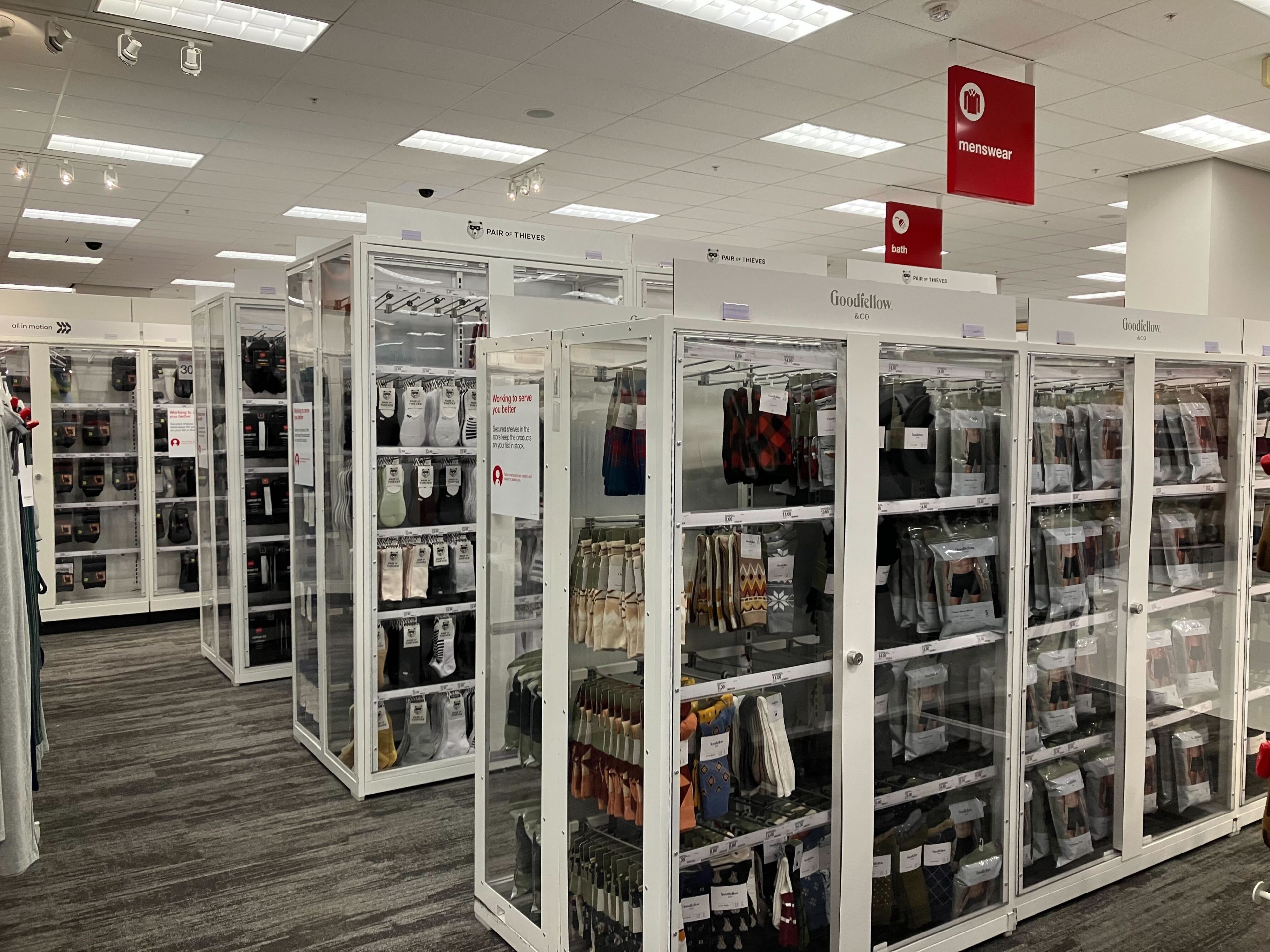 A view of the section of locked-up men's underwear at the San Francisco Metreon Target on Jan. 11, 2024.