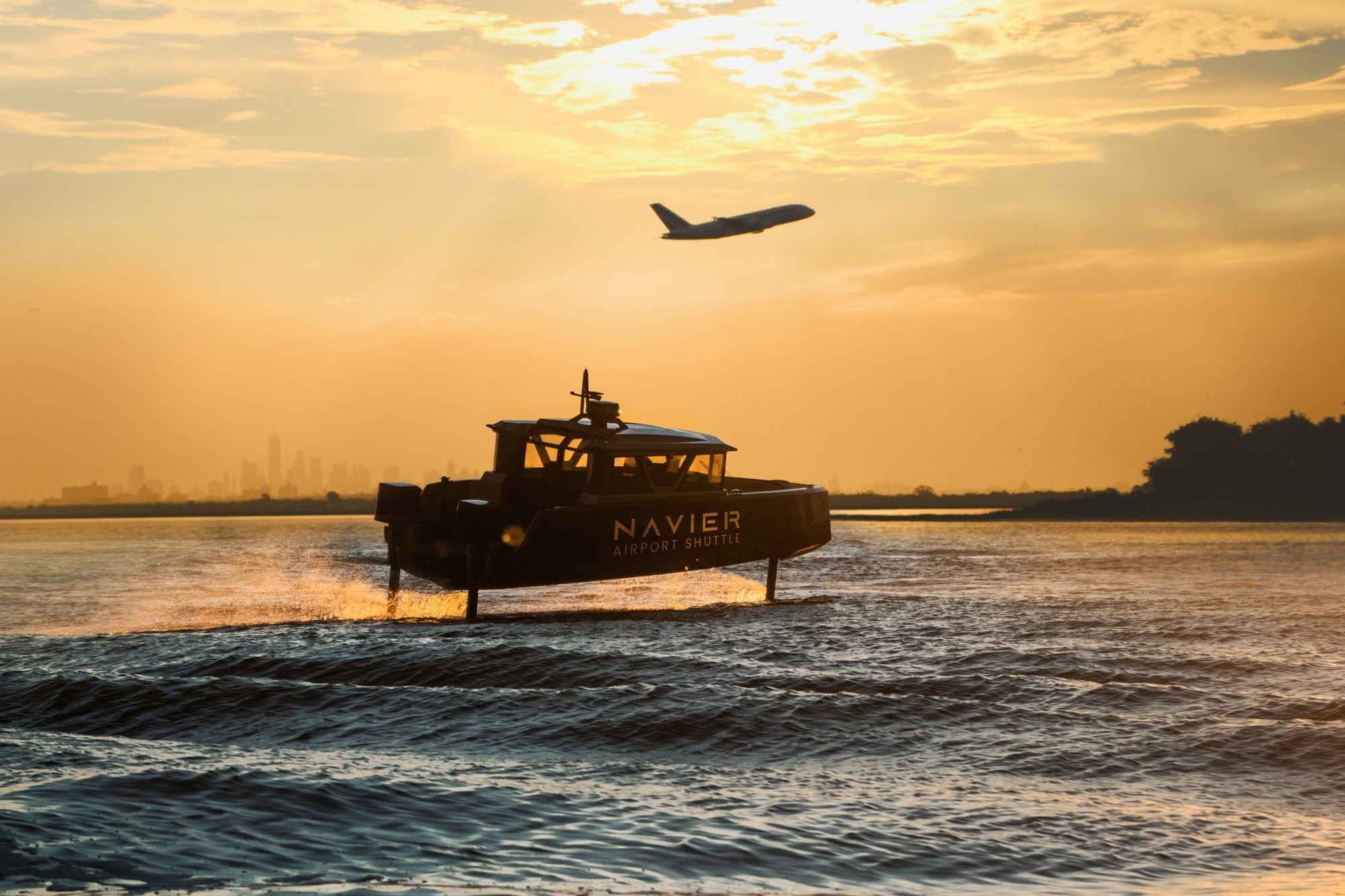 a ferry on the water at sunset with a plane taking off in the distance