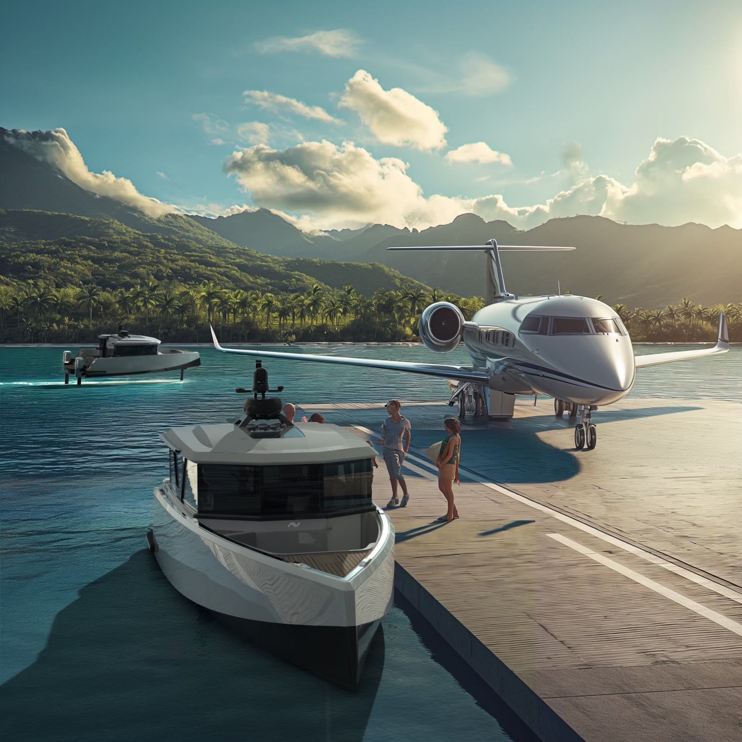 a daytime rendering of a boat at a dock next to a plane, with a mountain landscape in the background