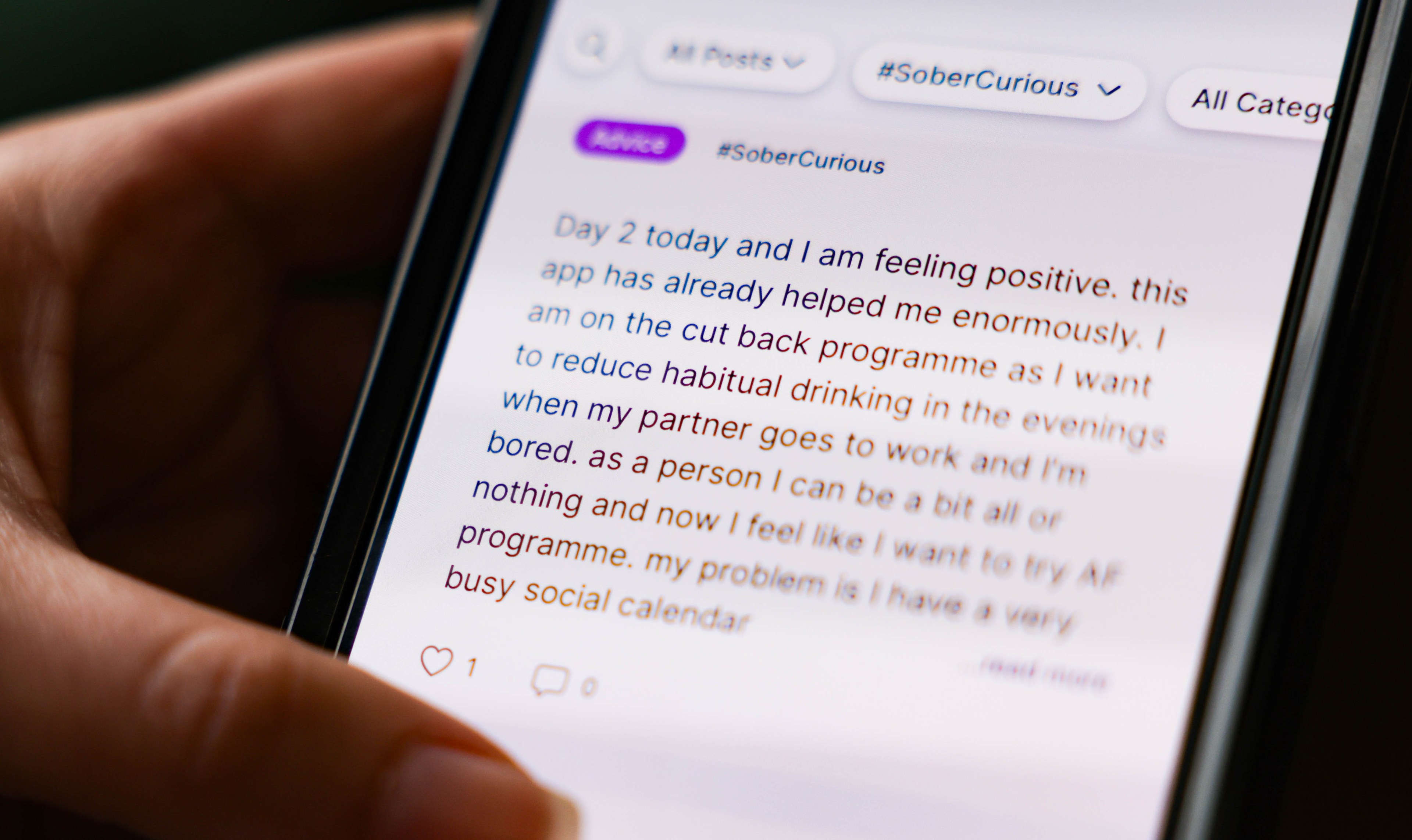 A close up of a community members post on the Reframe mobile app, which helps people track and monitor their drinking habits.