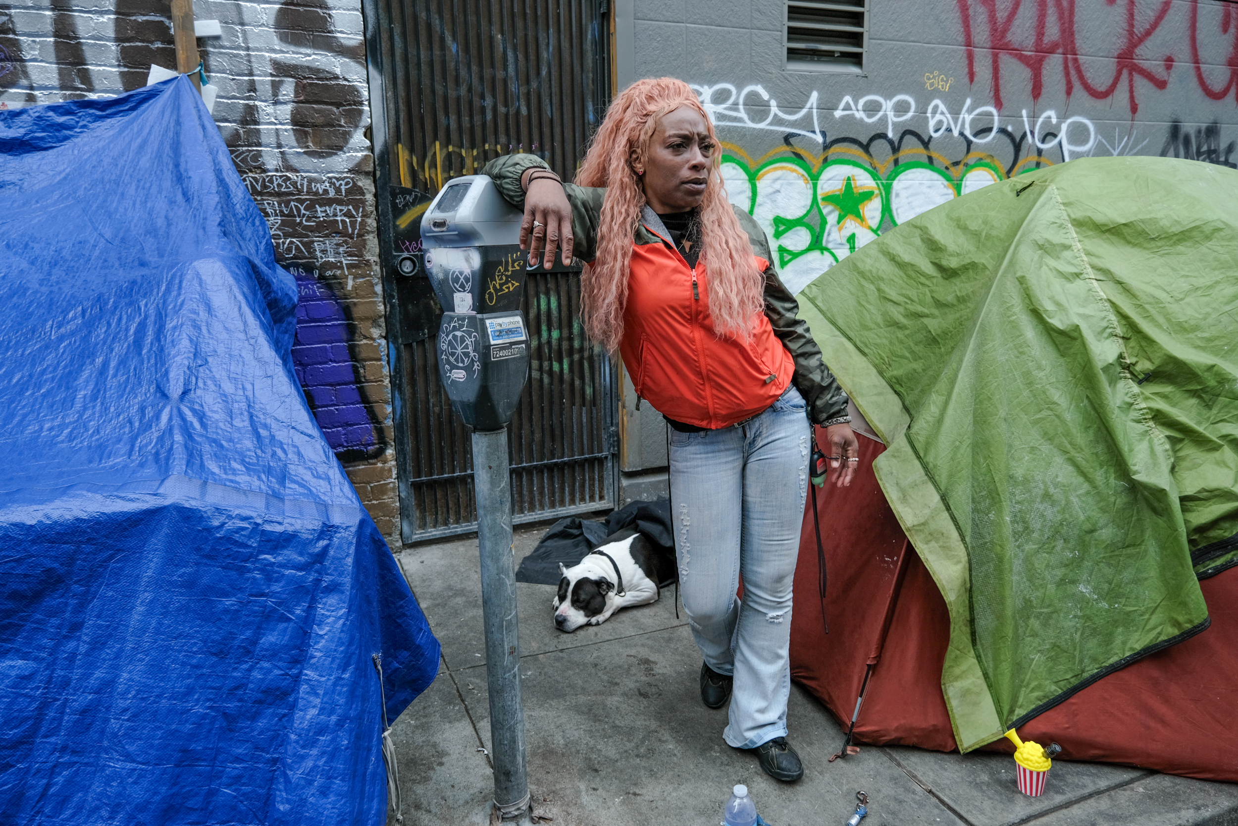 A person stands near tents and a dog on an urban sidewalk with graffiti in the background.
