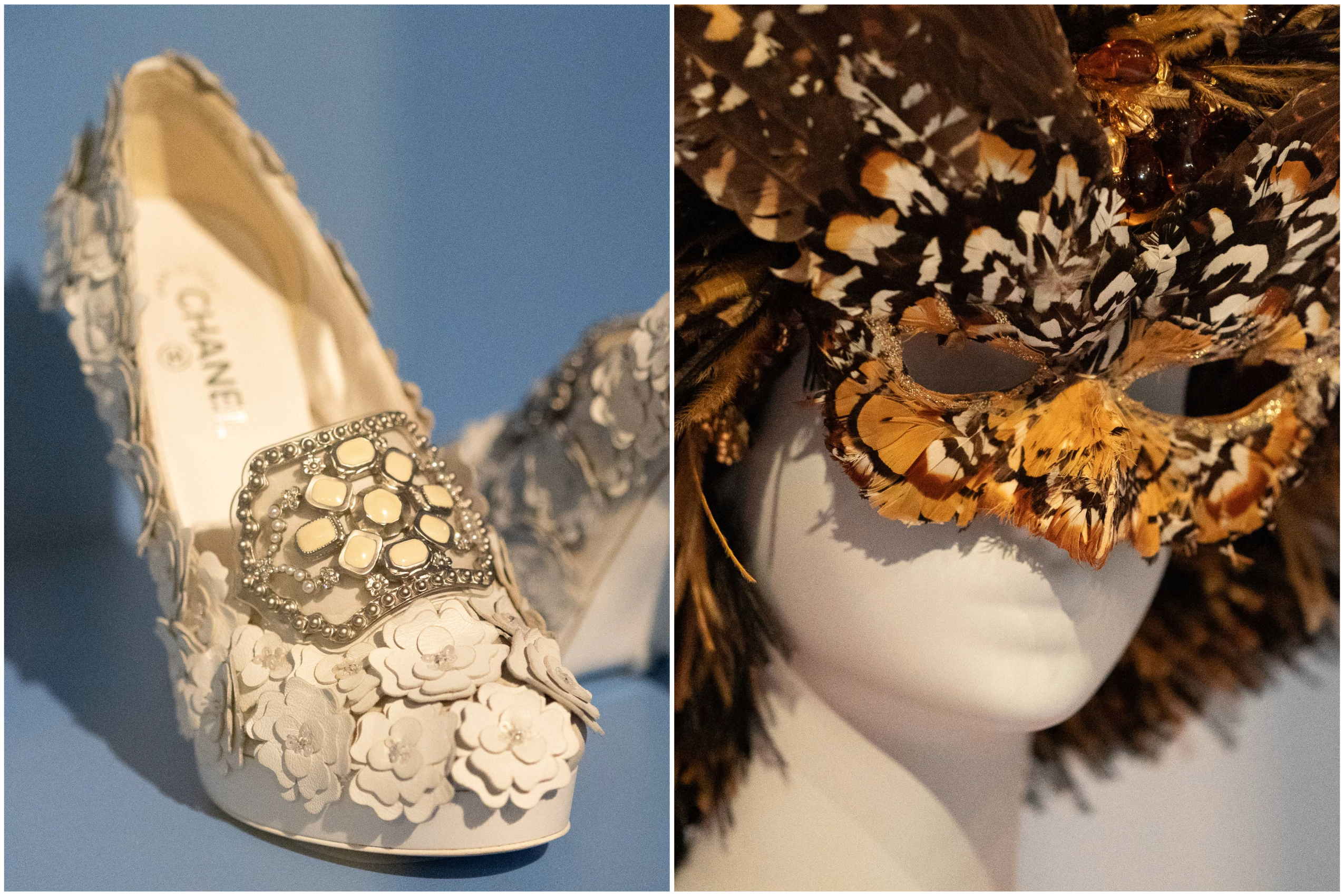 A photo of a fancy white shoe is next to a picture of a feathered mask. 
