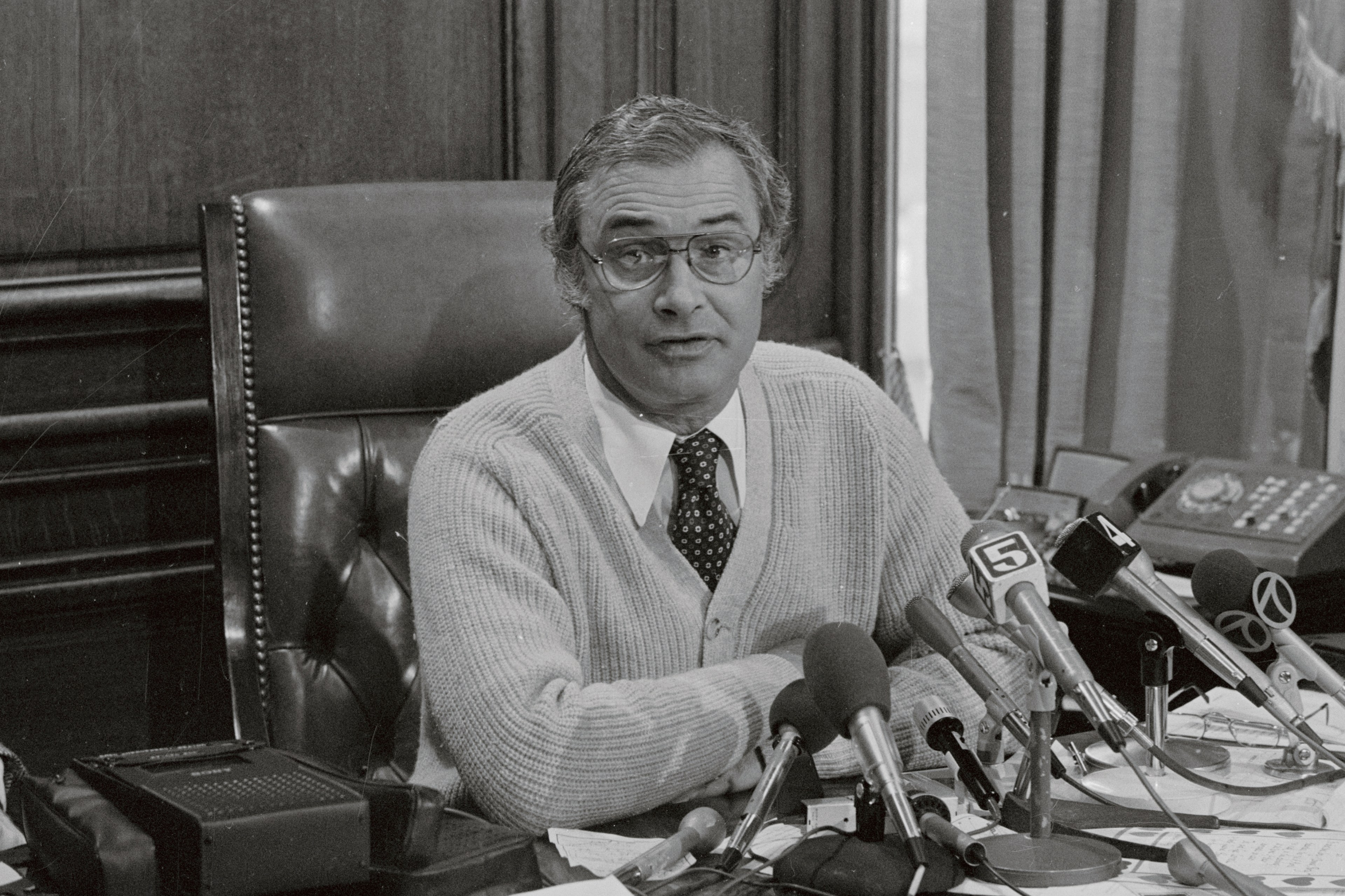 Mayor George Moscone speaks during a press conference.