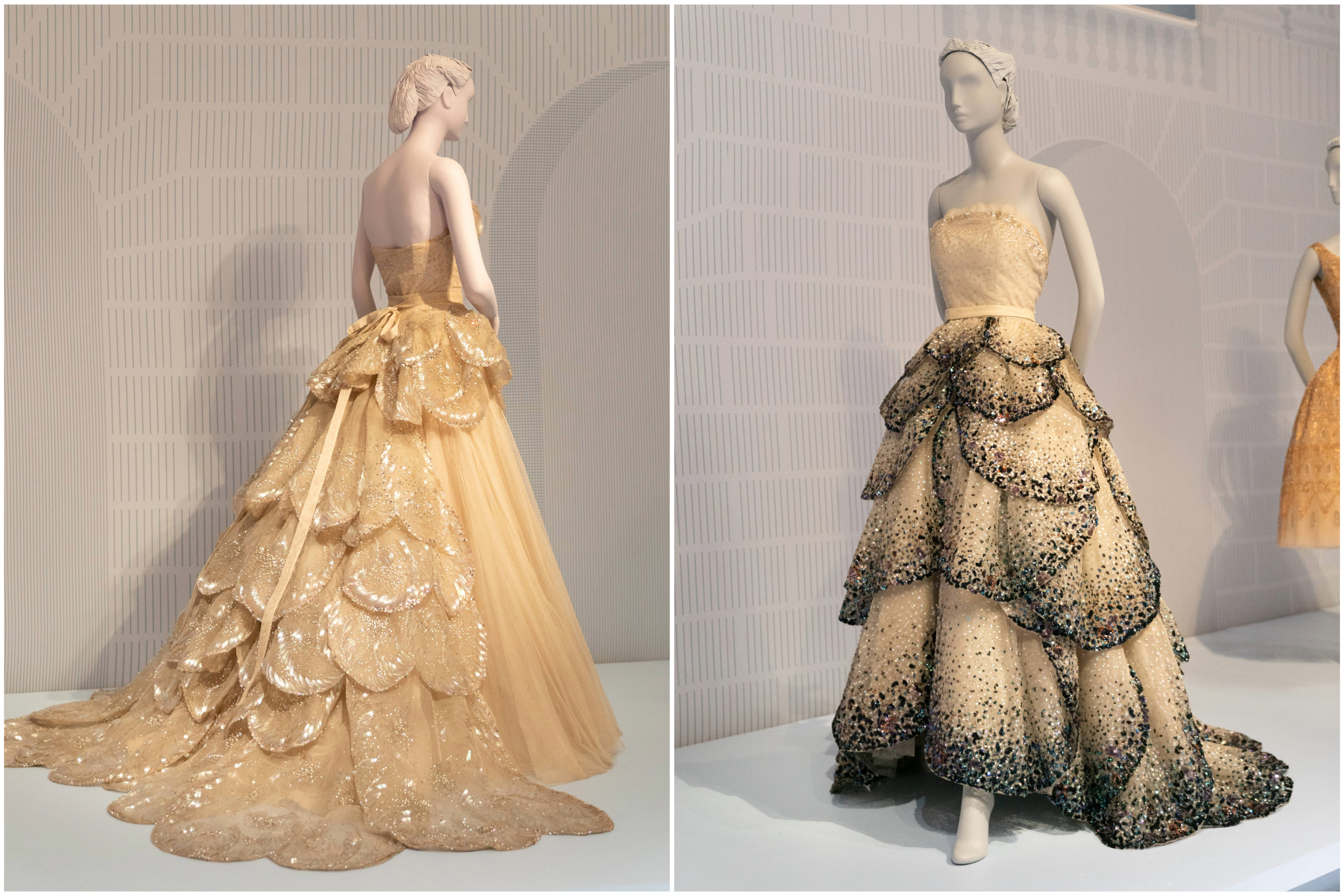 A photo of a golden gown on a mannequin is next to an image of a golden and black gown. 
