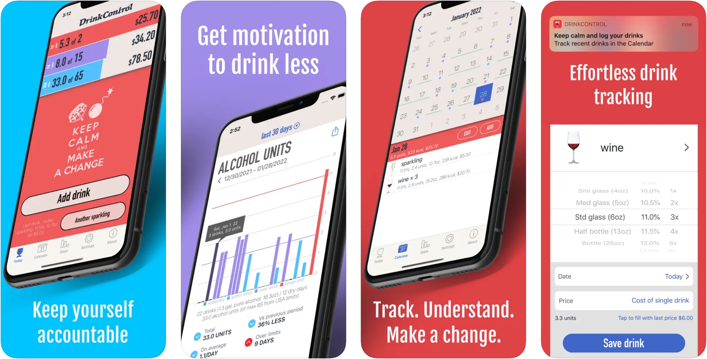 A photo composite of screenshots of the DrinkControl app, which shows alcohol intake and a calendar of dry and wet days. 