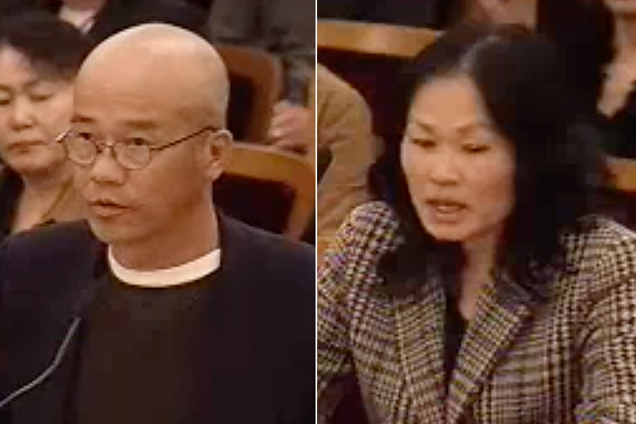 Two headshots: a bald man with glasses and a woman with long hair, both speaking in a formal setting.