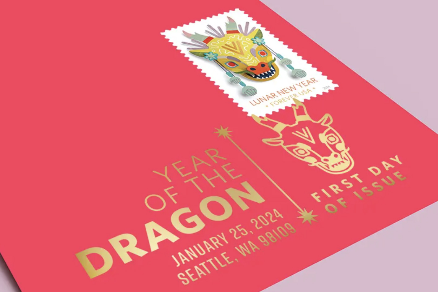 This is a commemorative stamp with a colorful dragon illustration celebrating the Lunar New Year on a red background.
