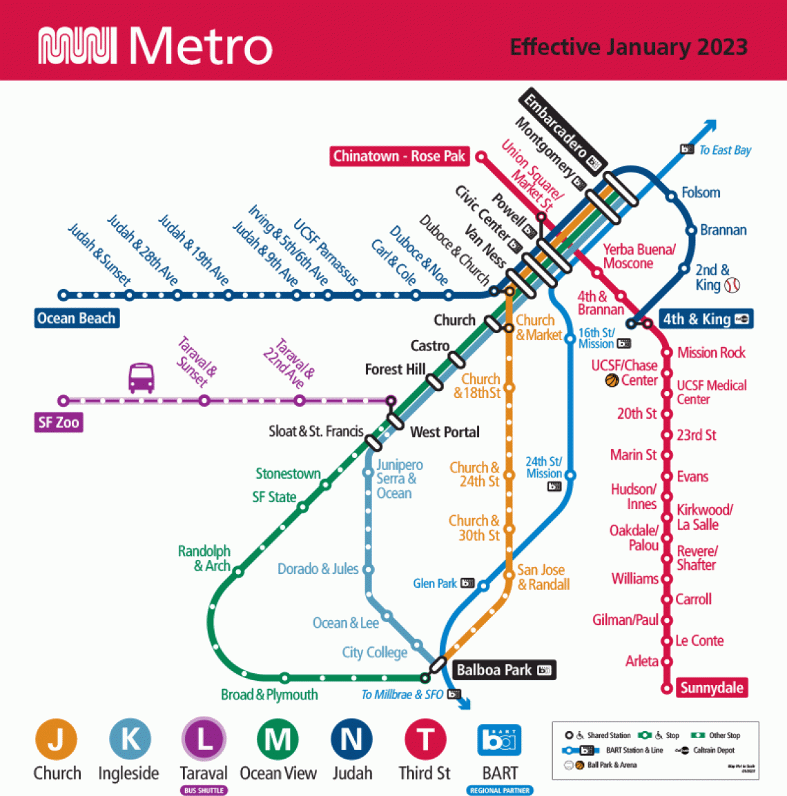 A map shows the subway network for San Francisco's Muni Metro system.