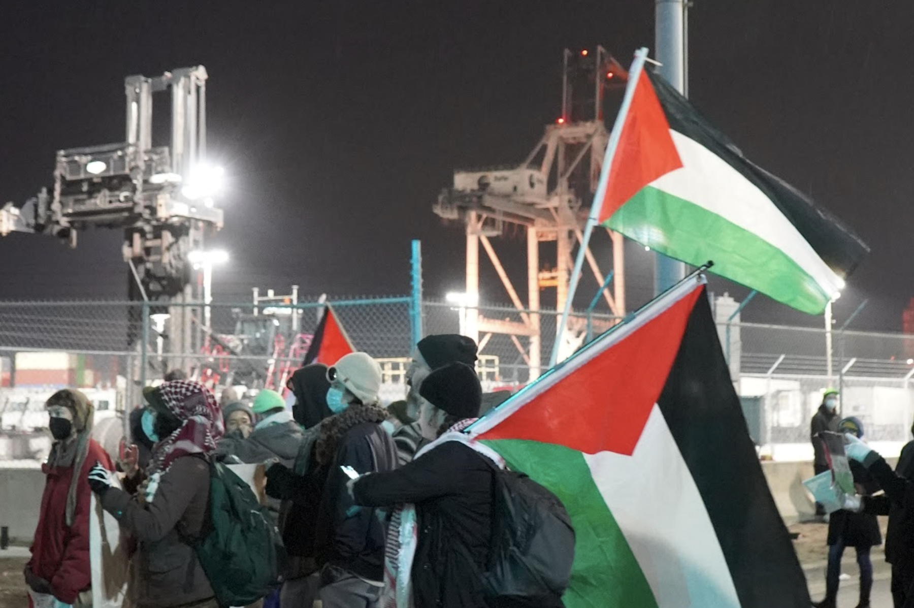 People with Palestinian flags gathered at the Port of Oakland.