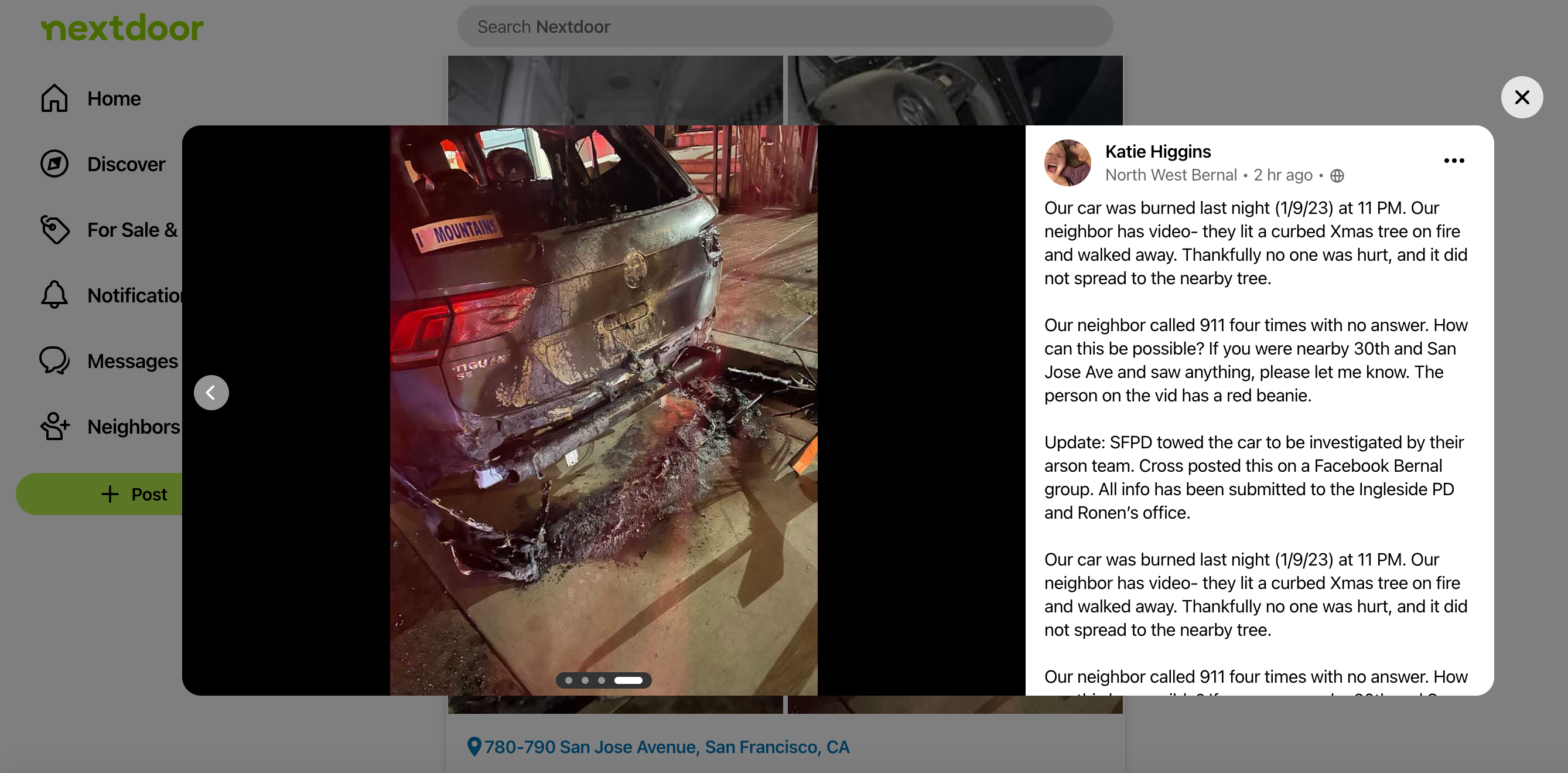 A screenshot of the Nextdoor post by Katie Higgins detailing how her car was set on fire Tuesday night in Bernal Heights.