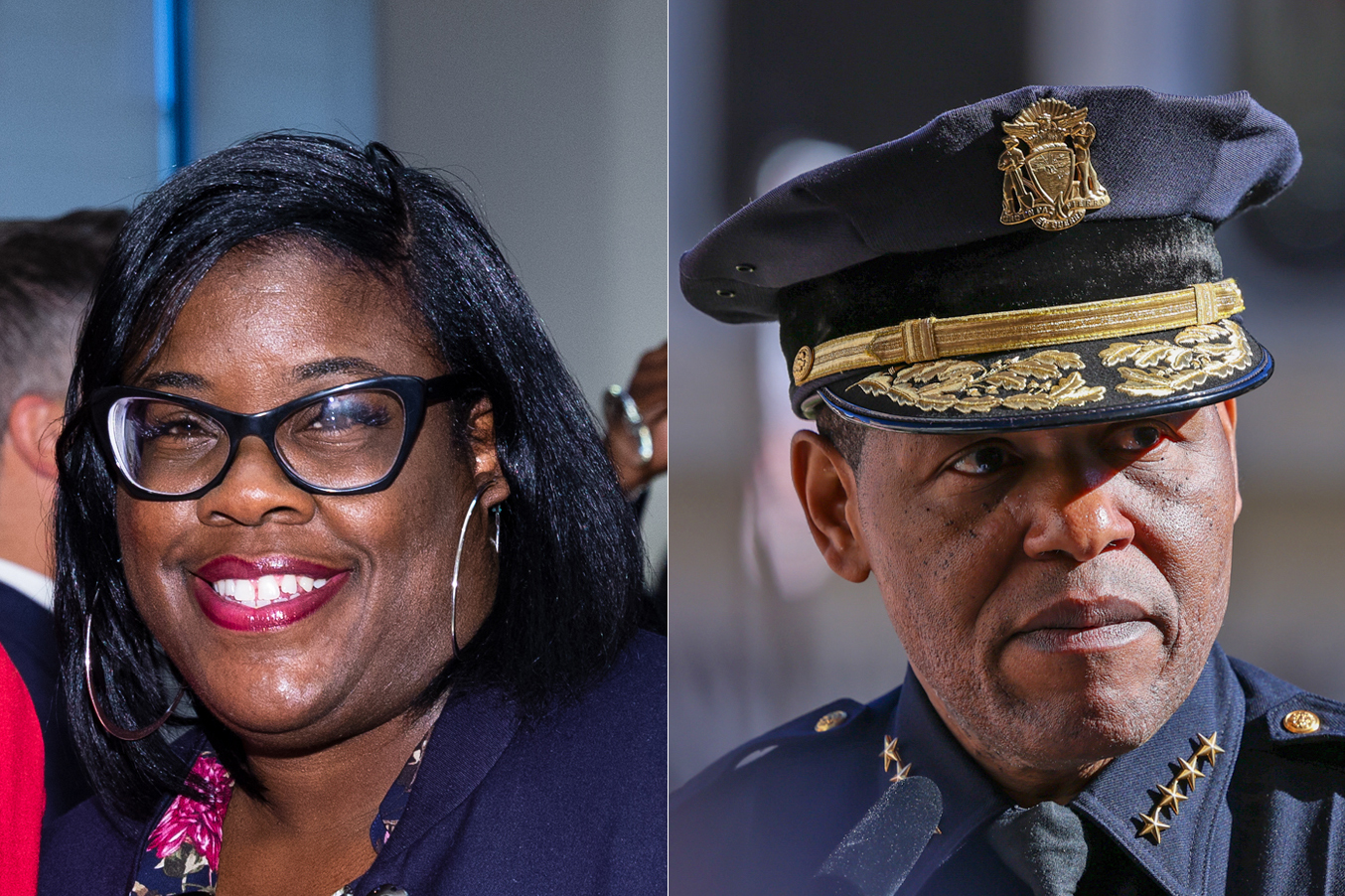 A woman with glasses smiling and a man in a police uniform with a serious expression.