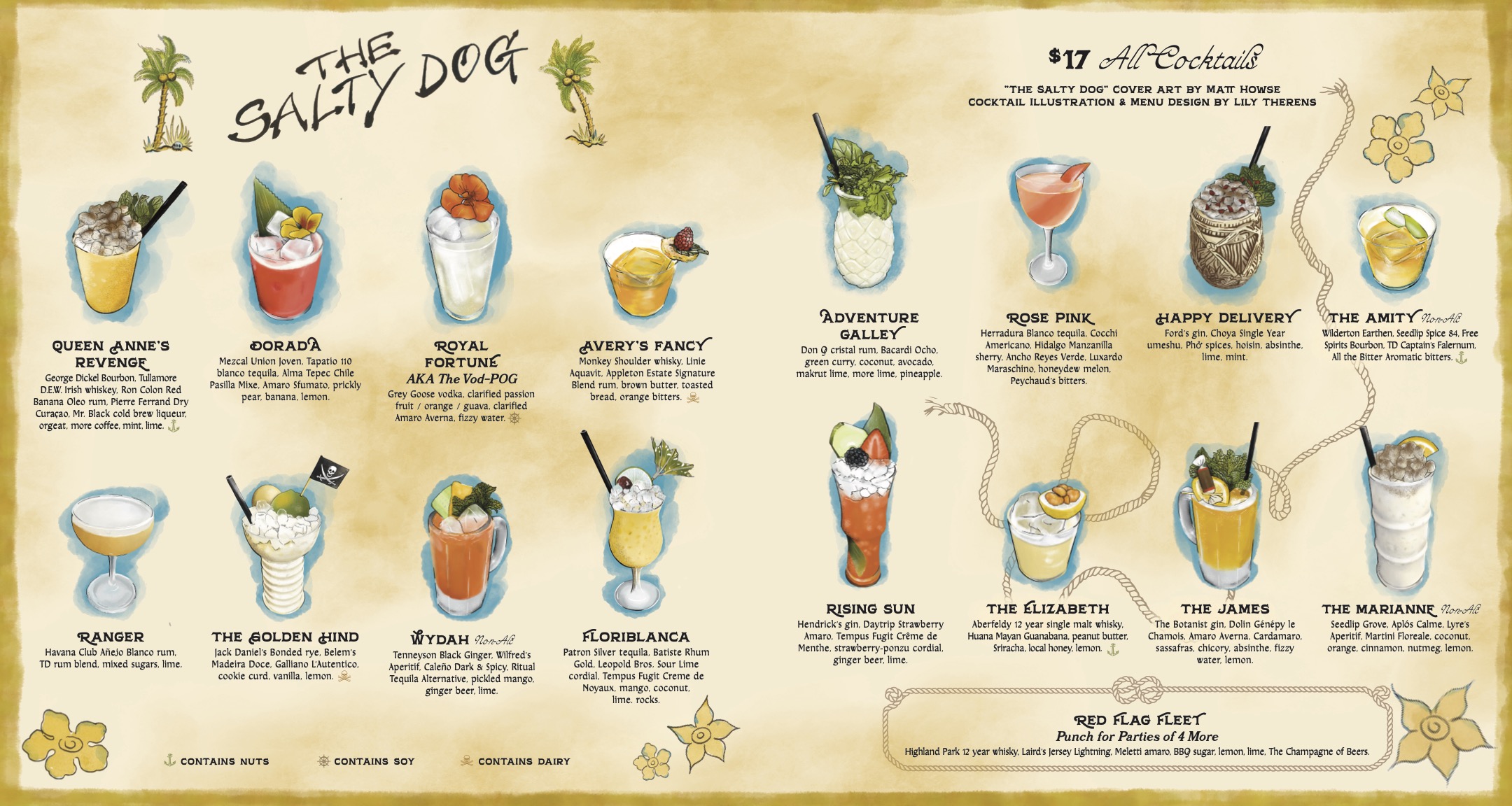 an illustrated tiki cocktail menu