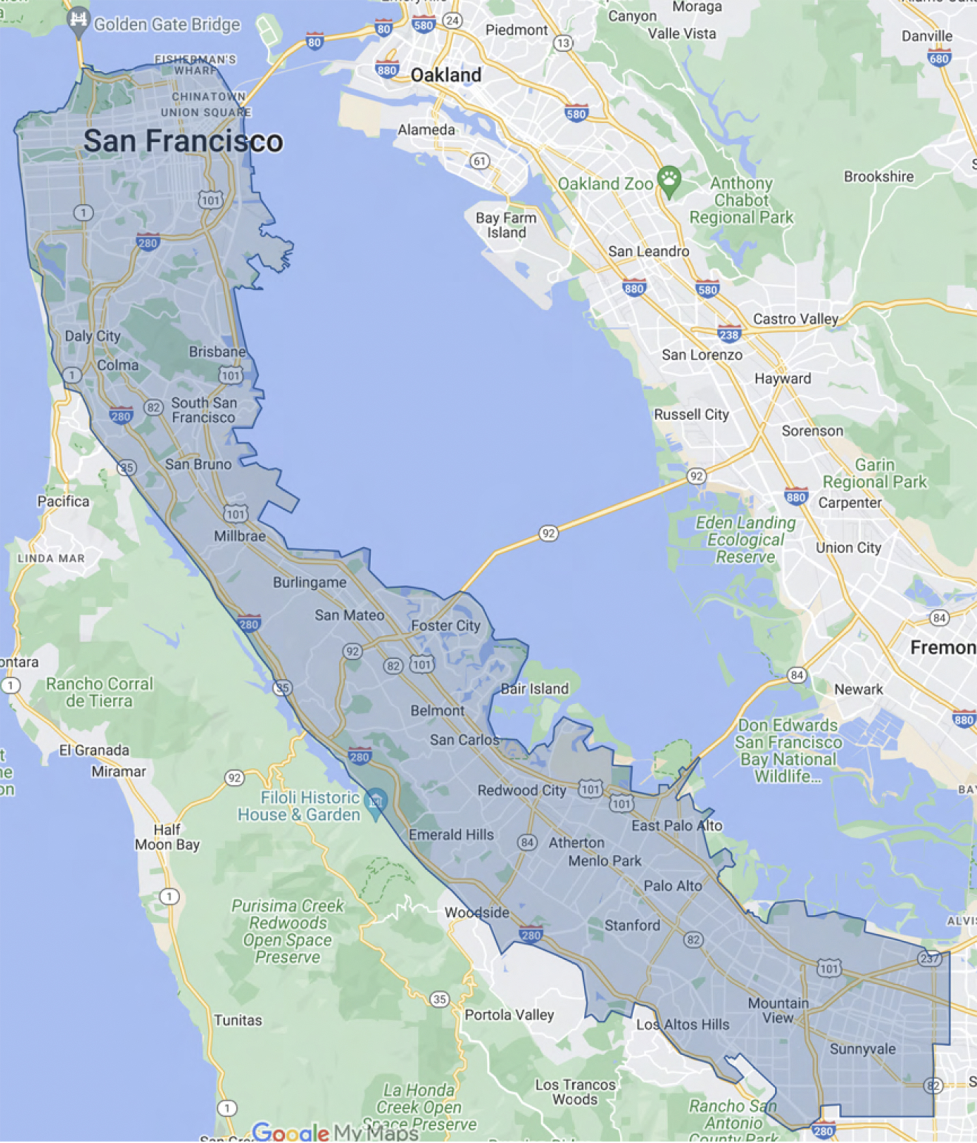 Screenshot of Bay Area map where Waymo intends to expand