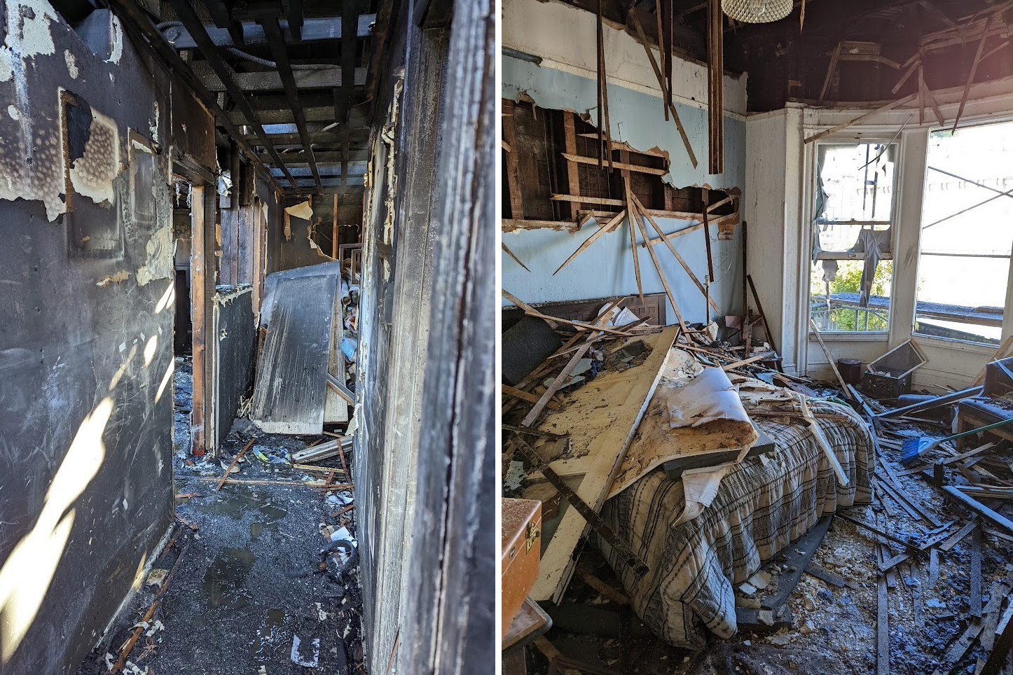 A side-by-side composite photo shows fire damage to the interior of an apartment building.