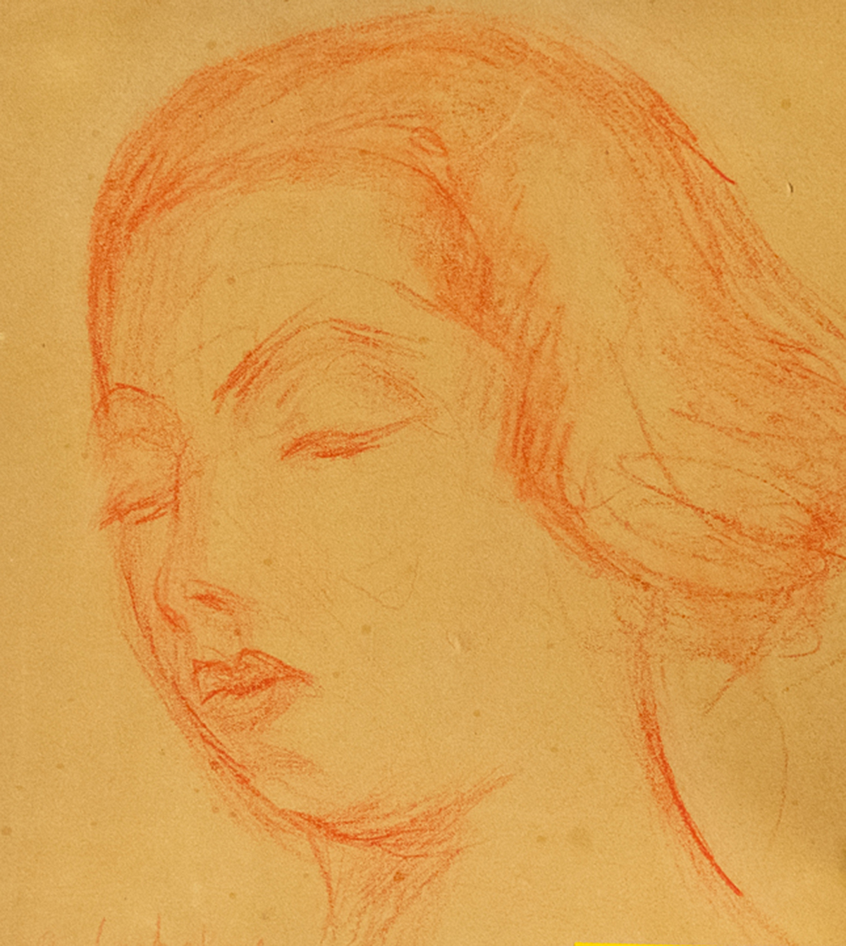 A sketch of a woman's profile with eyes closed, on yellowish paper using red hues.