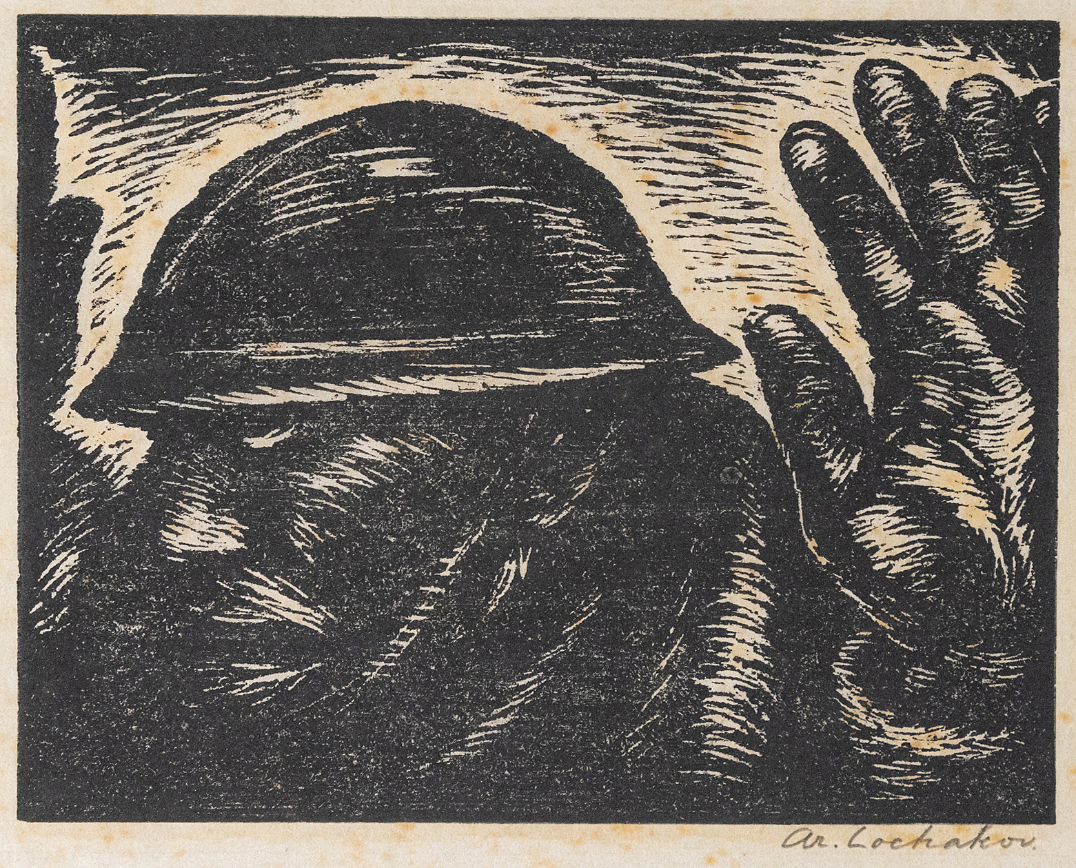A black-and-white print showing a close-up of a hand with fingers spread against a dark backdrop.