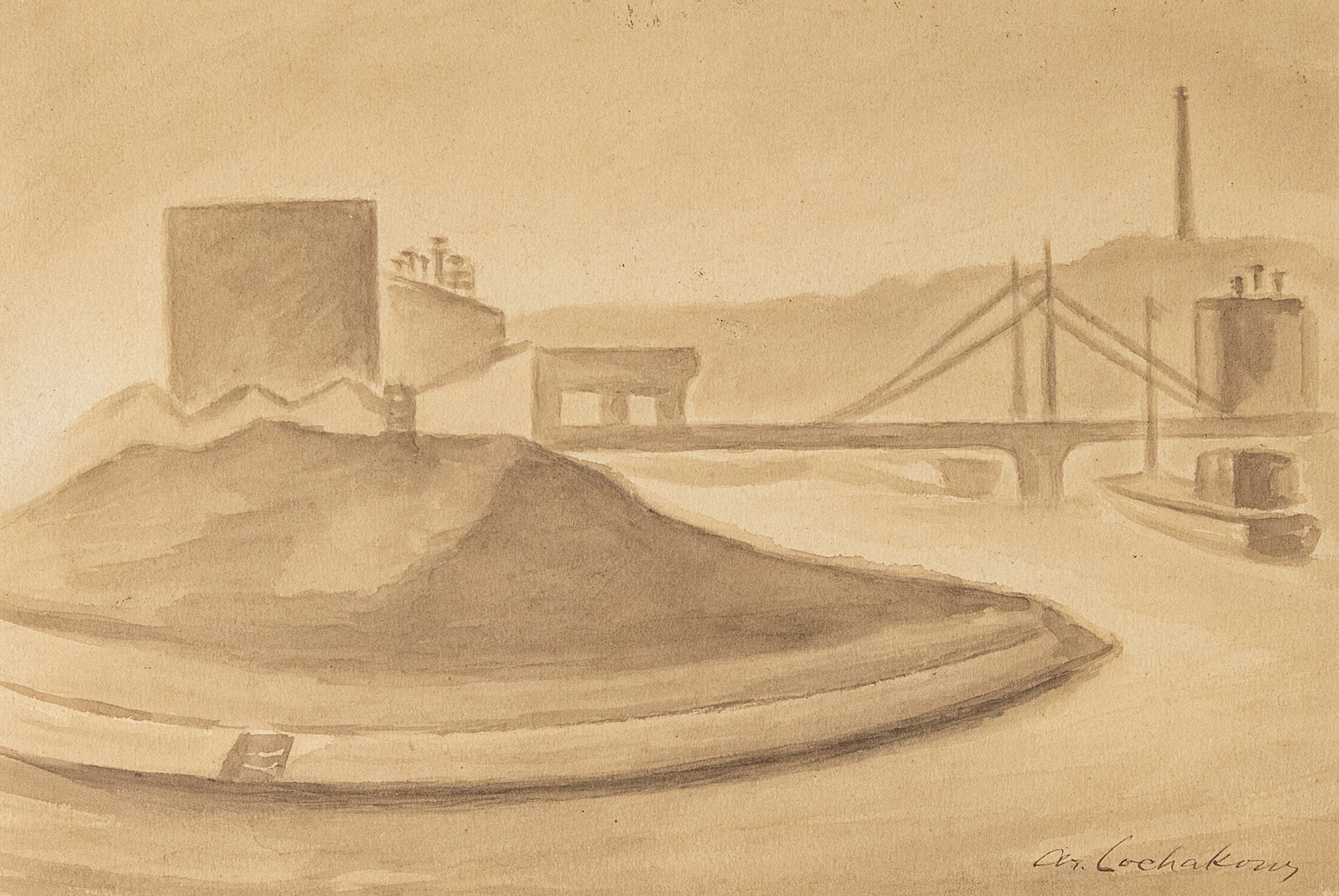 Sepia-toned sketch of industrial waterfront with buildings, a bridge, and boats.