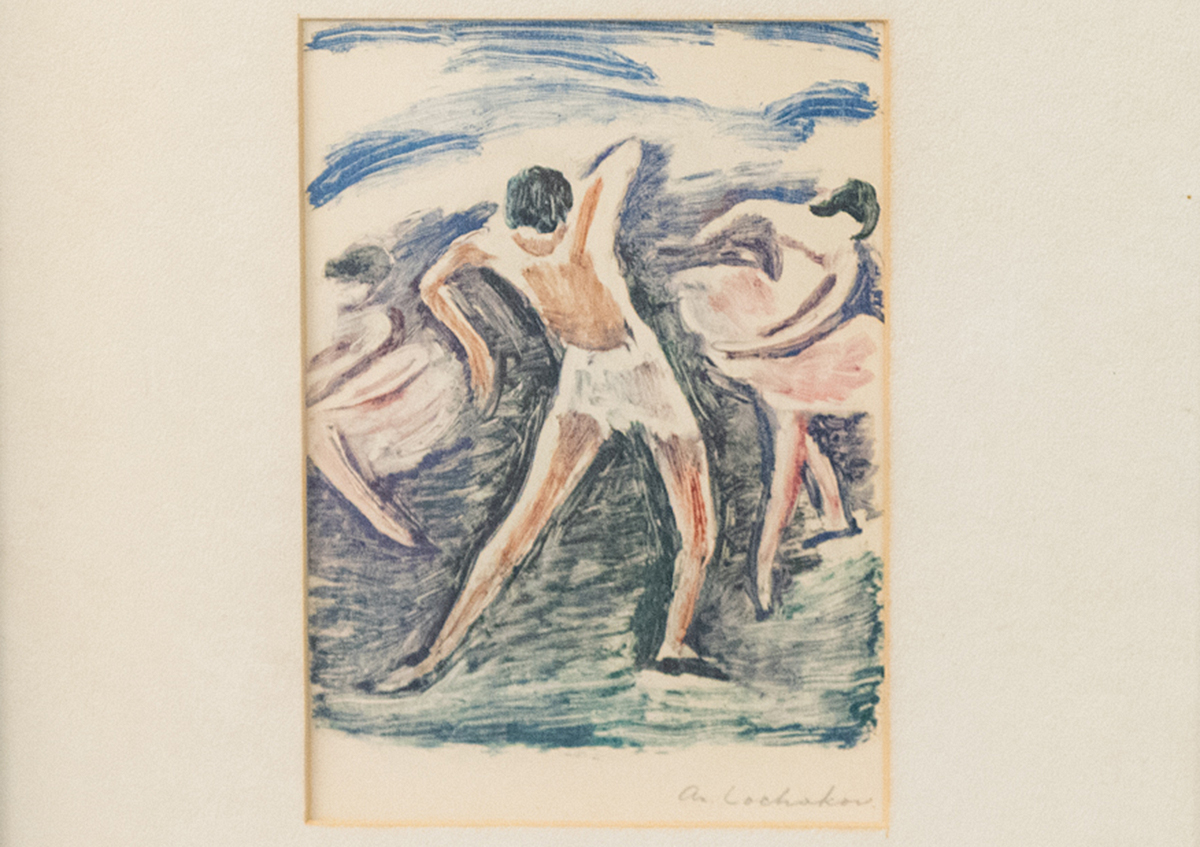 An artwork depicts three figures dancing, with loose, expressive brushstrokes in blue, pink, and white hues.