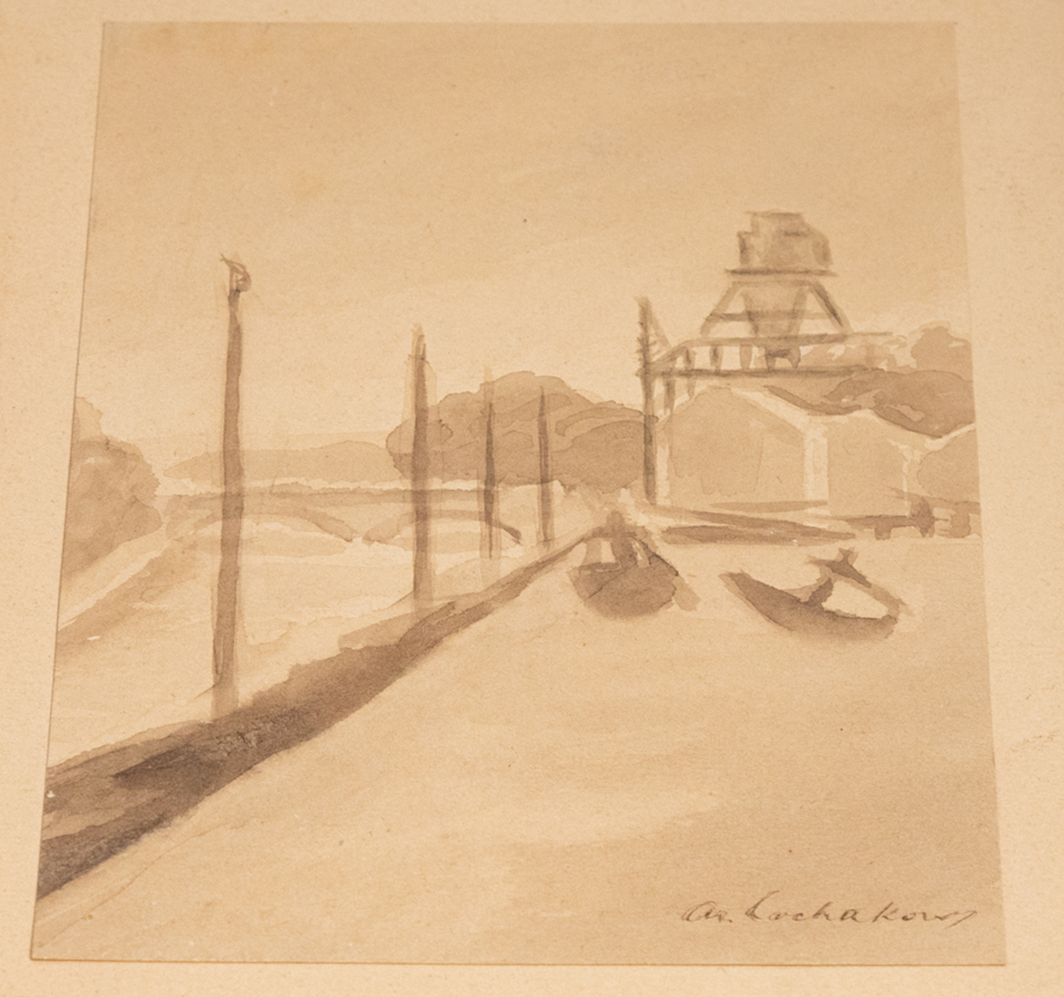 A sepia-toned watercolor sketch of a street, buildings, boats, and poles with a signature at the bottom right.
