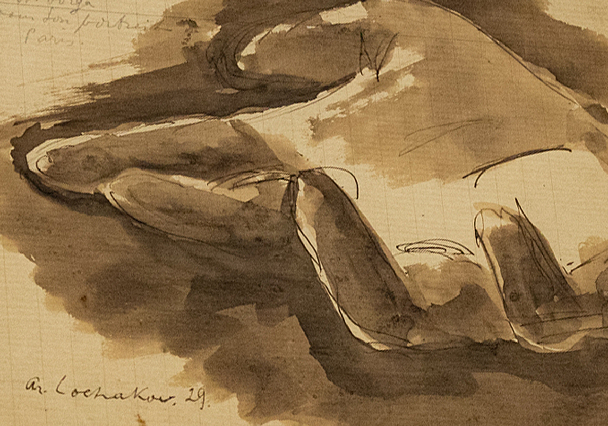 Monochromatic ink sketch of three fish on toned paper, with dynamic brushstrokes, dated and initialed by the artist.