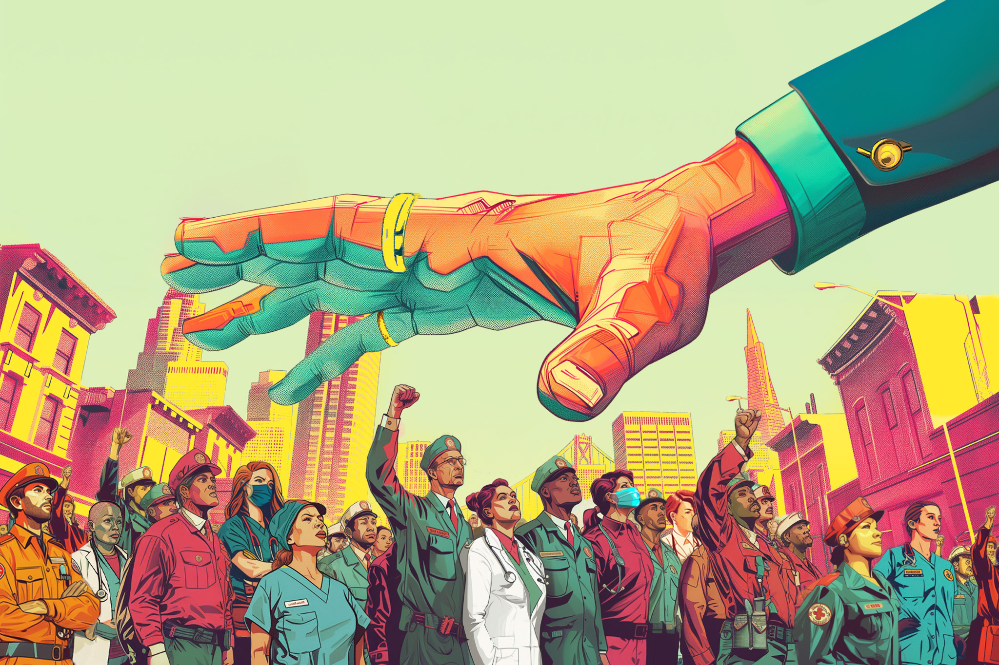 An illustration of a giant hand hovers over a crowd of protesting health care and public workers in San Francisco.