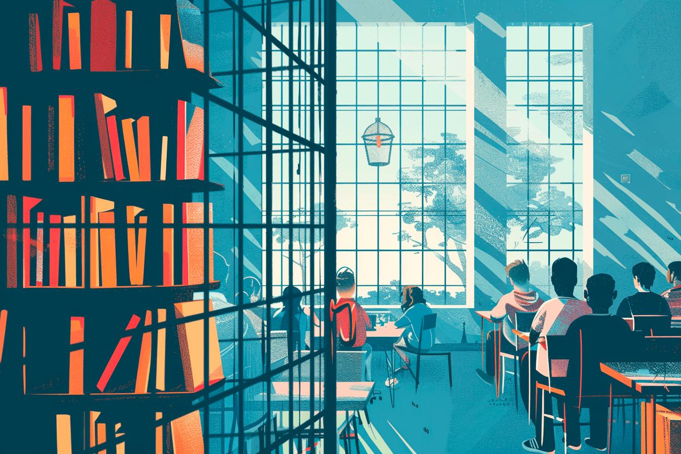 An illustrated library with students studying, large windows overlooking trees, and a tall bookshelf where books are locked in a cabinet.