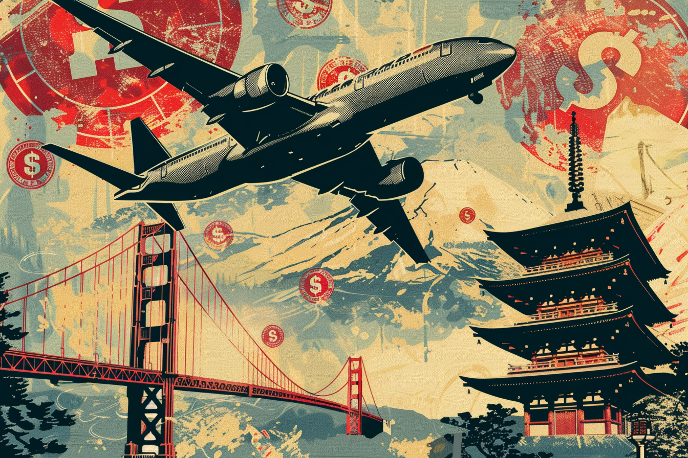 A stylized graphic with a plane, red bridge, pagoda, and currency symbols against a splattered backdrop.