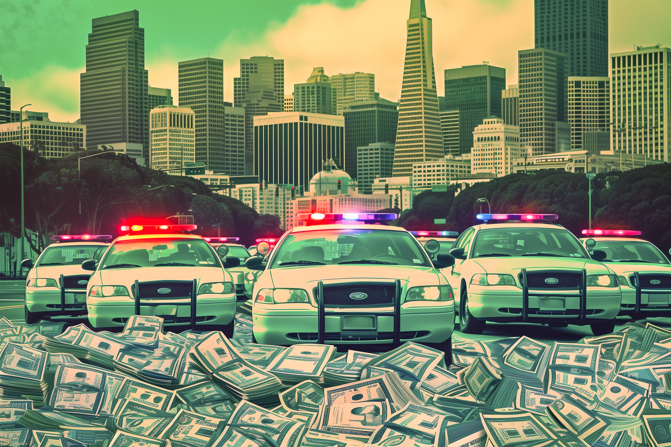 Police cars with flashing lights in front of a city skyline, surrounded by piles of cash.