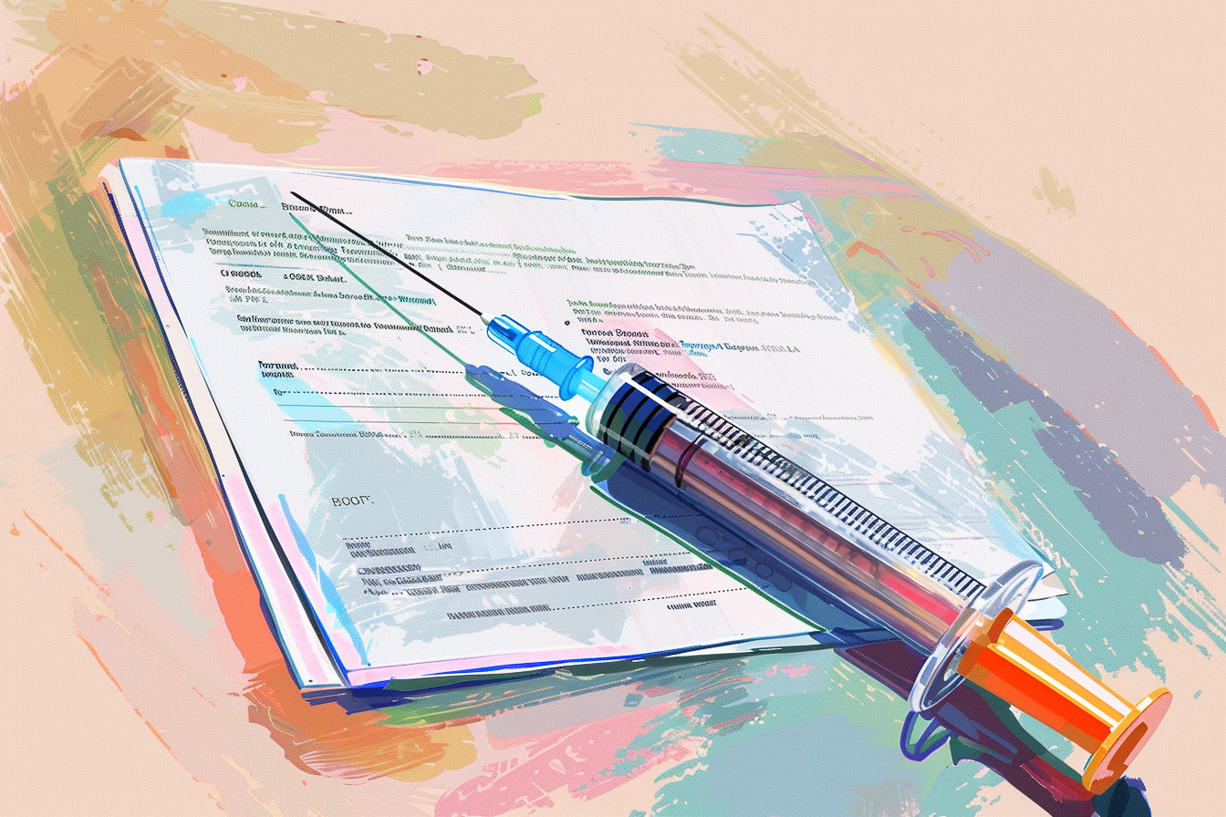 A stylized image with a medical syringe lying on top of documents, with abstract colorful brush strokes in the background.