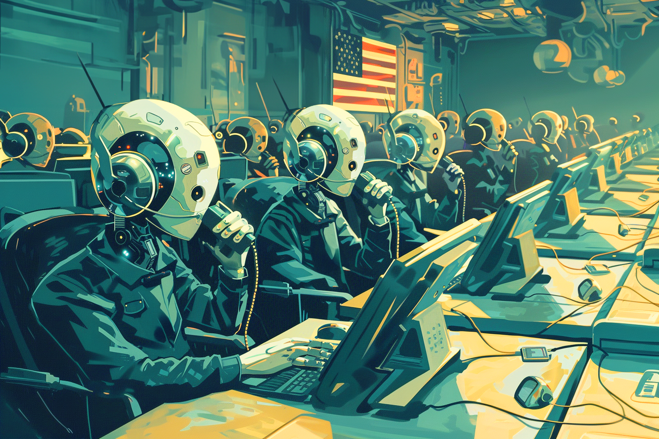 Illustration of people with robotic helmets at computers; an American flag in the background.
