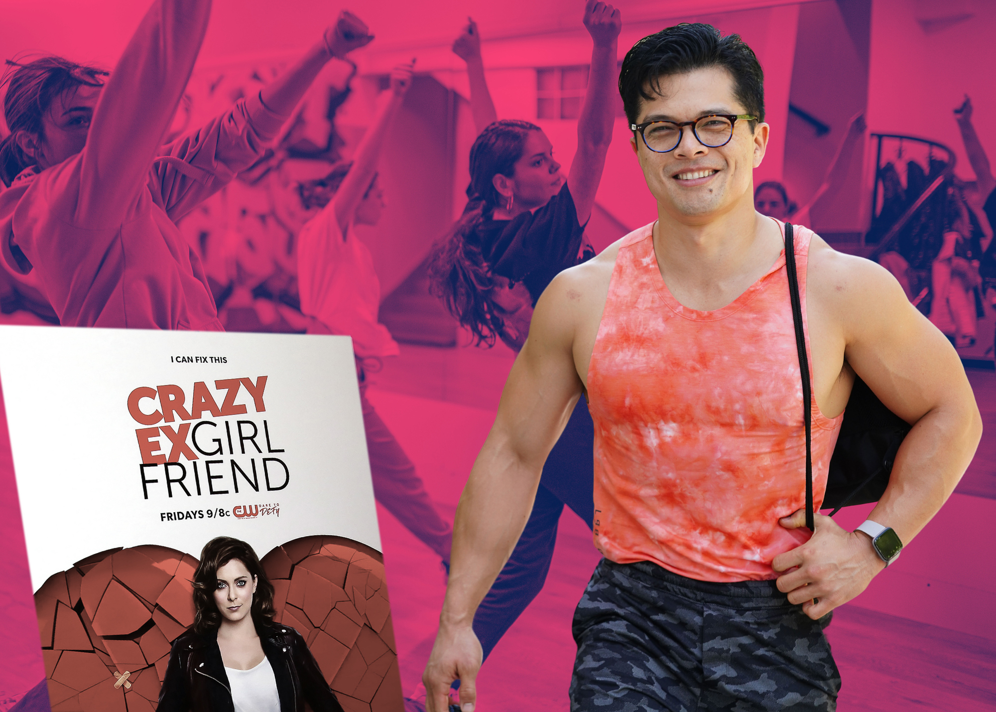 A man in a tie-dye tank top and fatigues-style pants, right, appears next to a poster for "Crazy Ex-Girlfriend."
