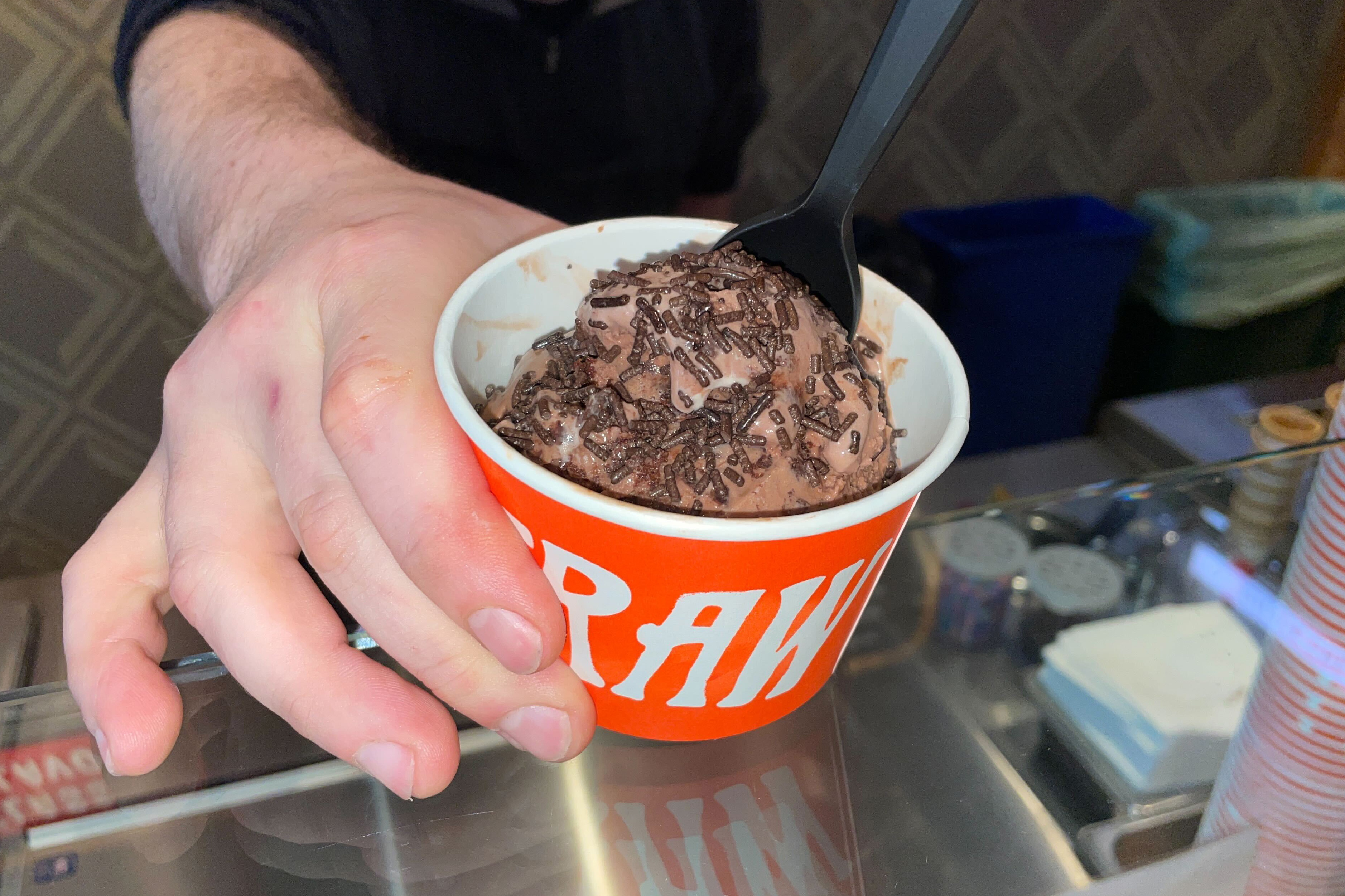 A hand holds a cup of chocolate ice cream with sprinkles, and a black spoon sticks out.