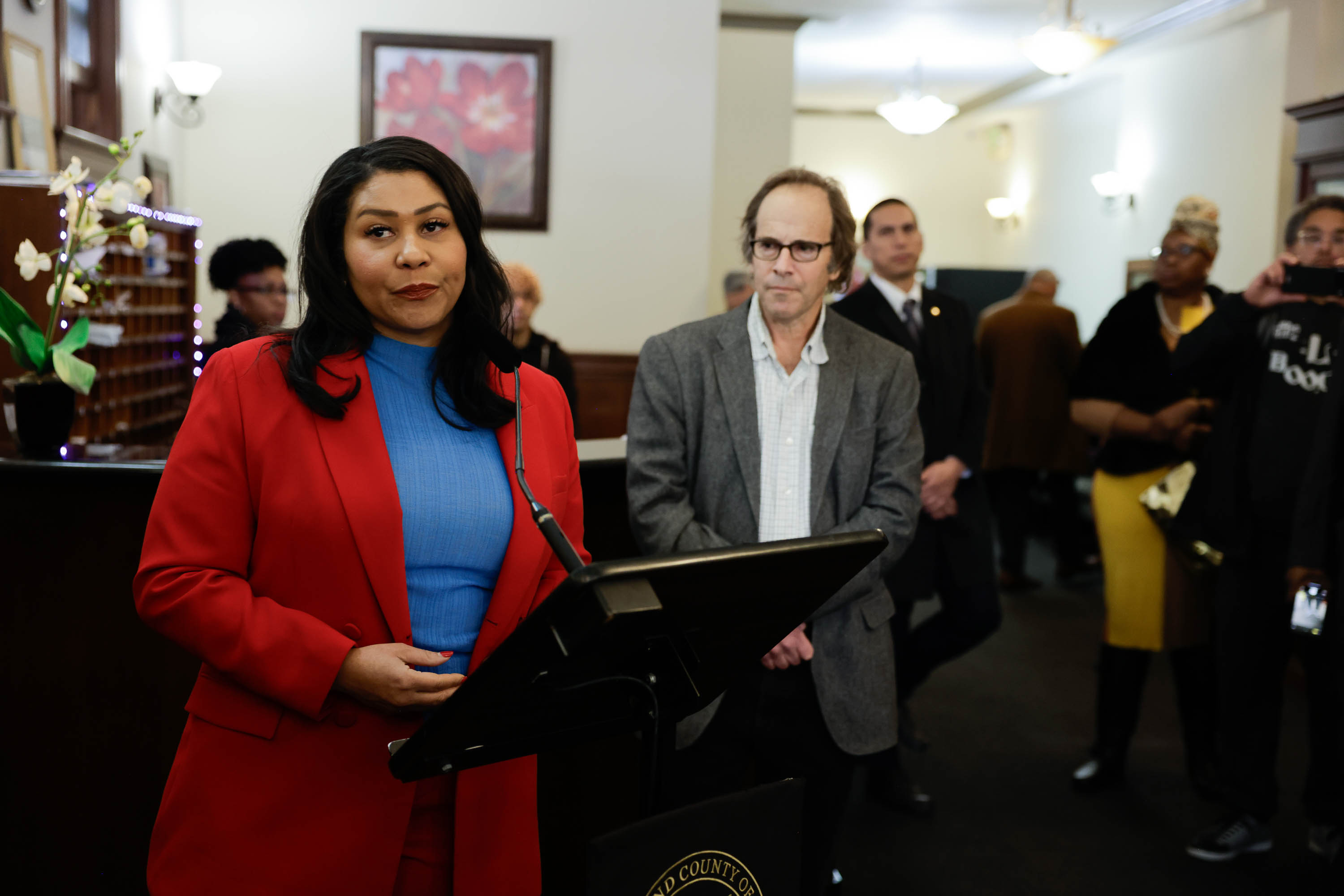 Mayor London Breed speaks to the media on Thursday, Feb. 8, 2024, during a press conference about a proposal for a first-of-its kind sober living facility funded by the city with supportive services attached.