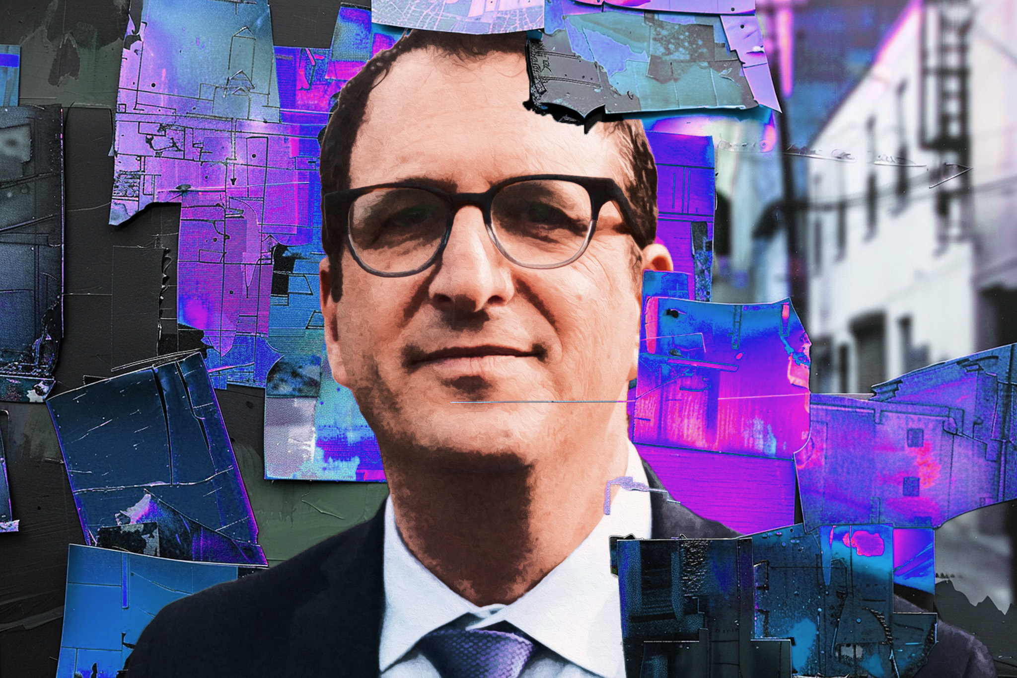 A man in glasses and a suit is superimposed over a chaotic backdrop of fragmented and color-shifted urban imagery.