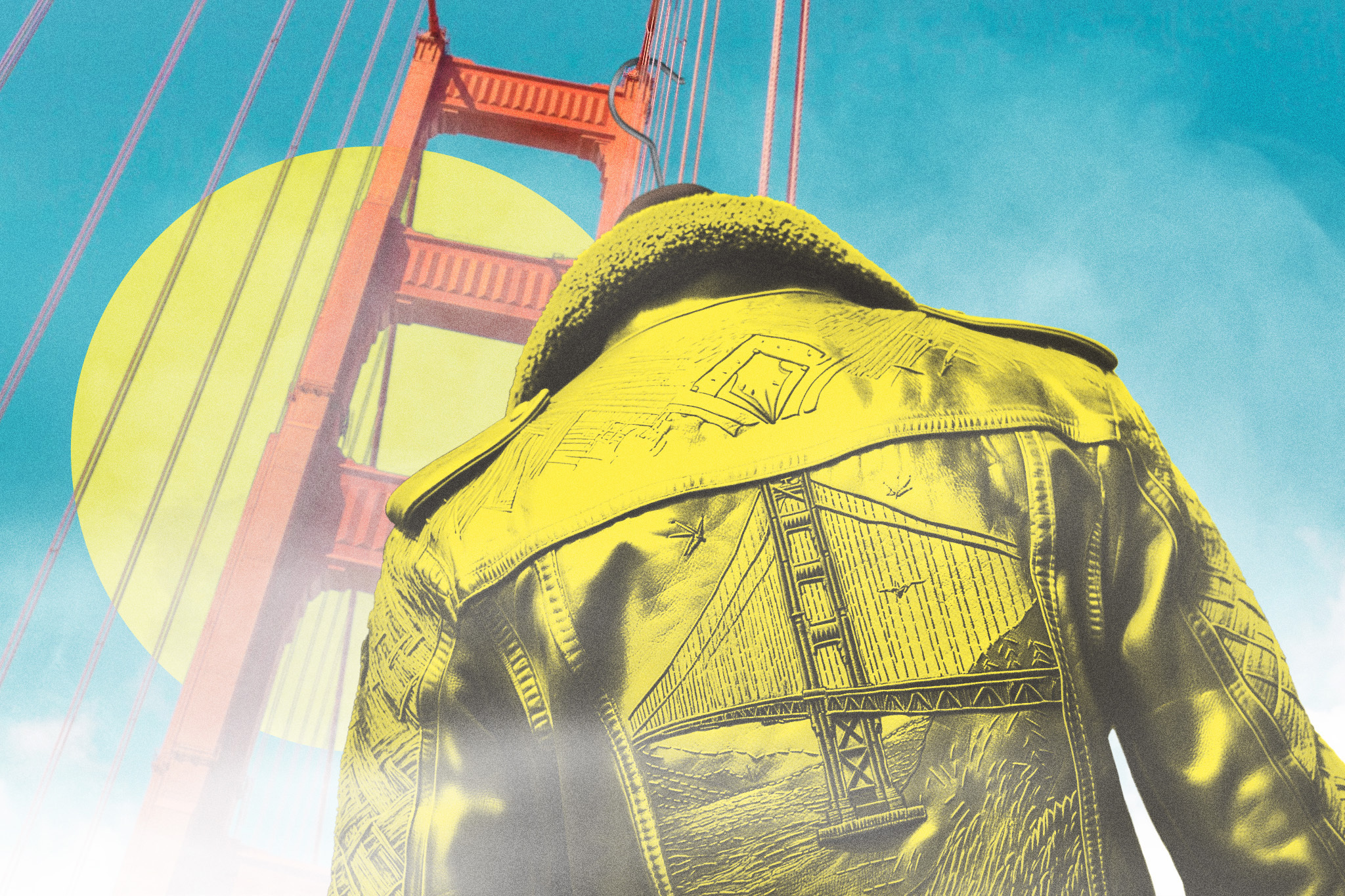 A person in a yellow leather jacket gazes at the Golden Gate Bridge under a teal sky with a bright sun.