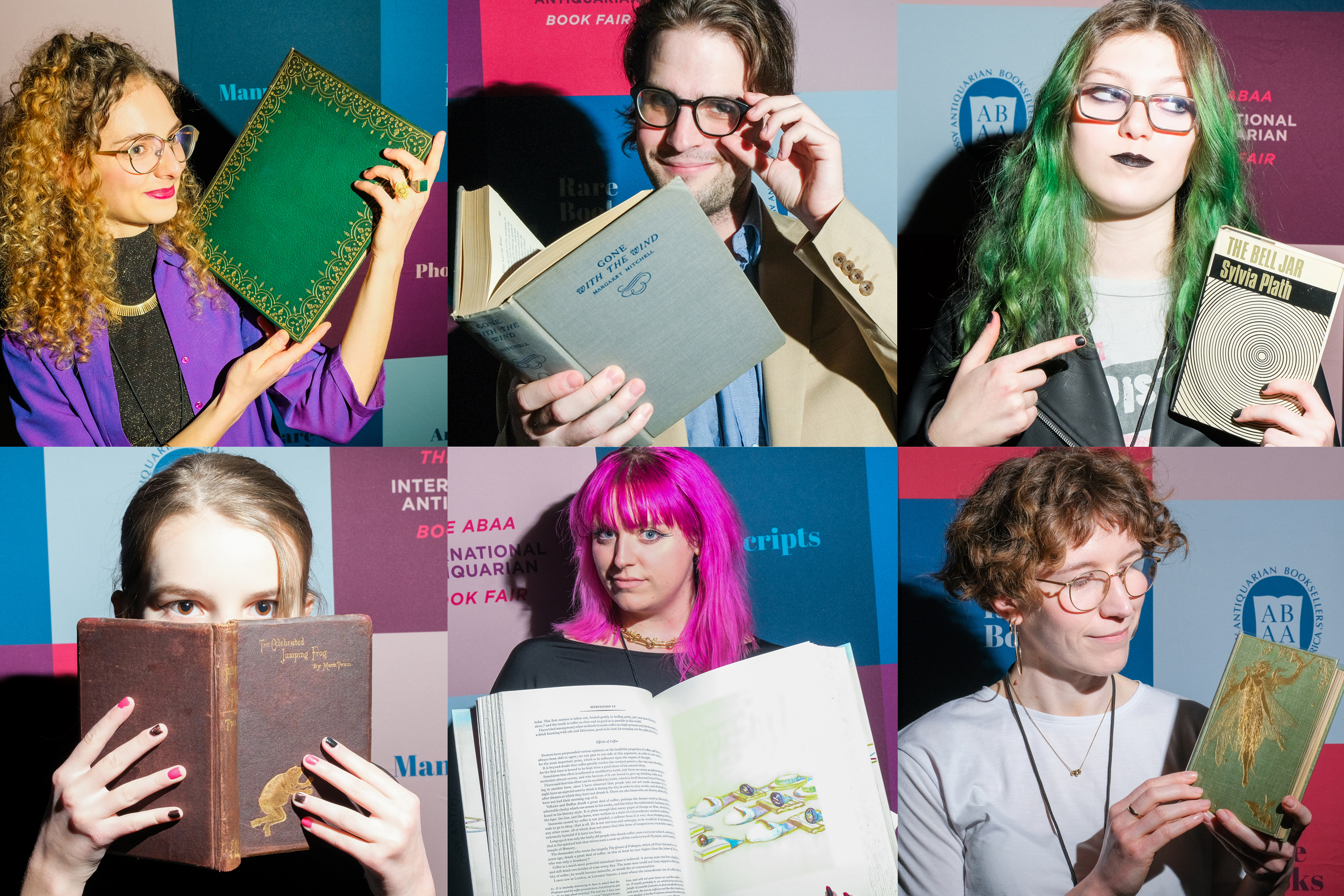 A collage of six individuals showcasing different books with enthusiasm at a book fair.