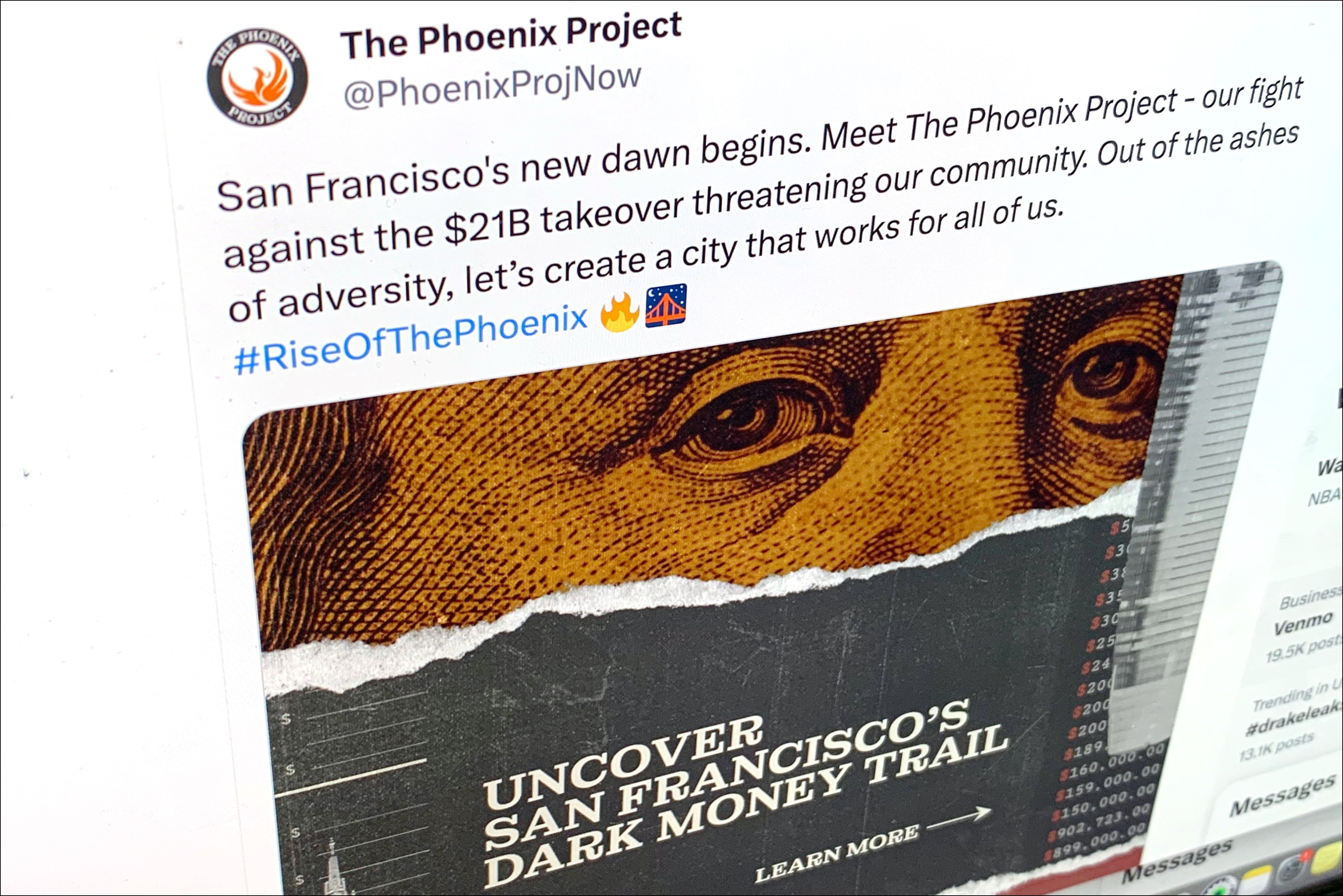 A screenshot of Twitter showing an account called the Phoenix Project which purports to uncover dark-money political groups.