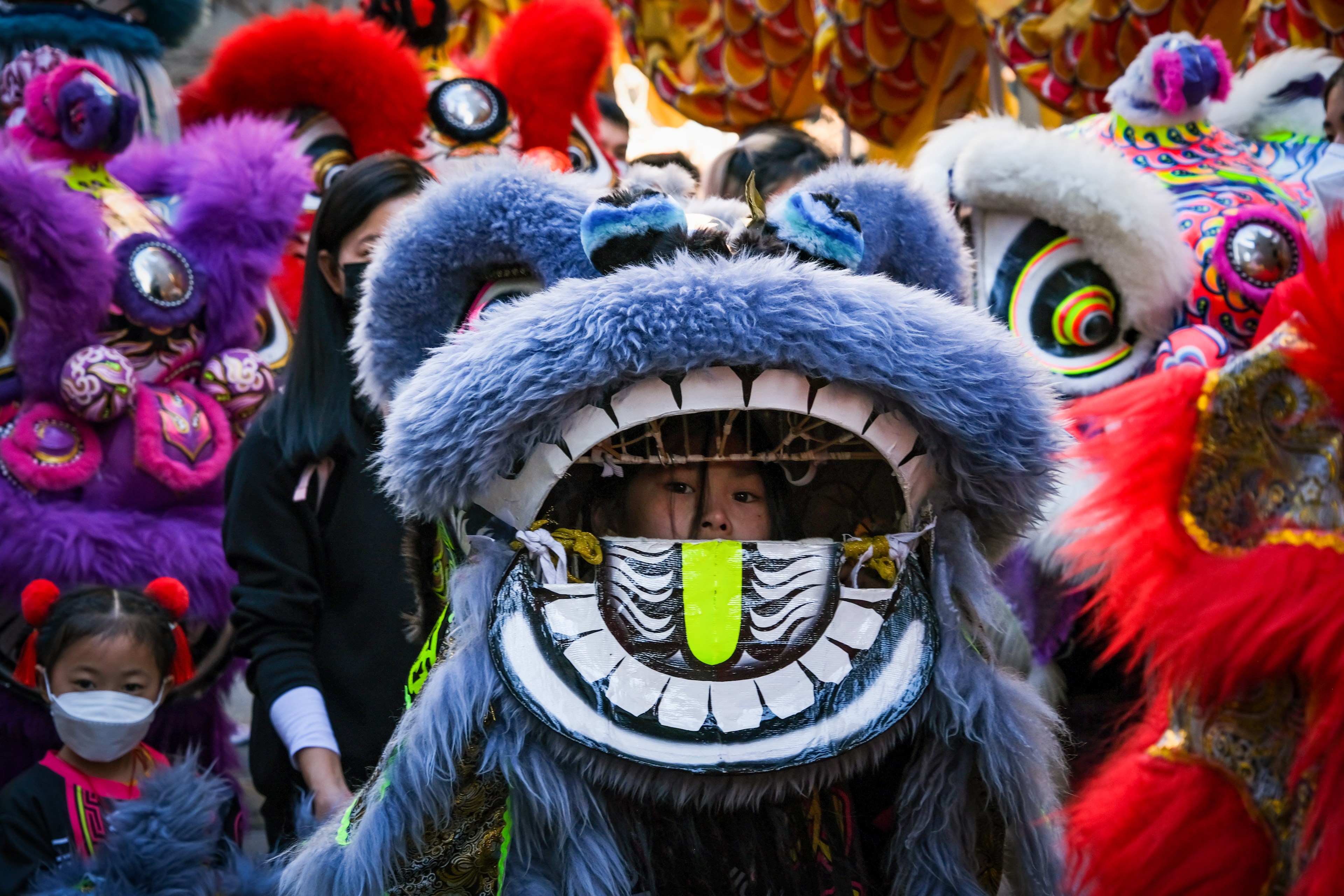 Colorful Chinese lion dance masks with a child peeking through the mouth of one.