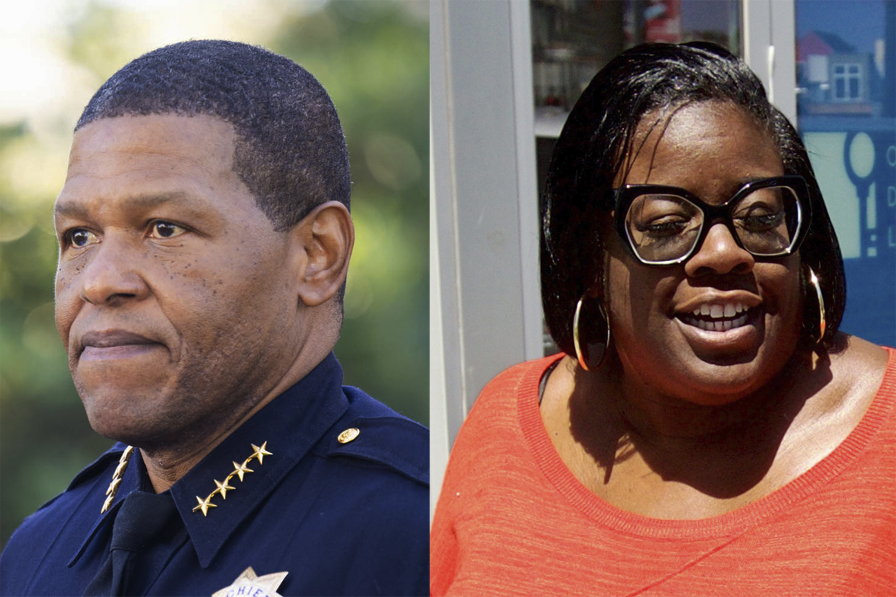 A split image, left side shows a man in a police uniform with stars on collar; right side, a woman in glasses, earrings, and an orange top.
