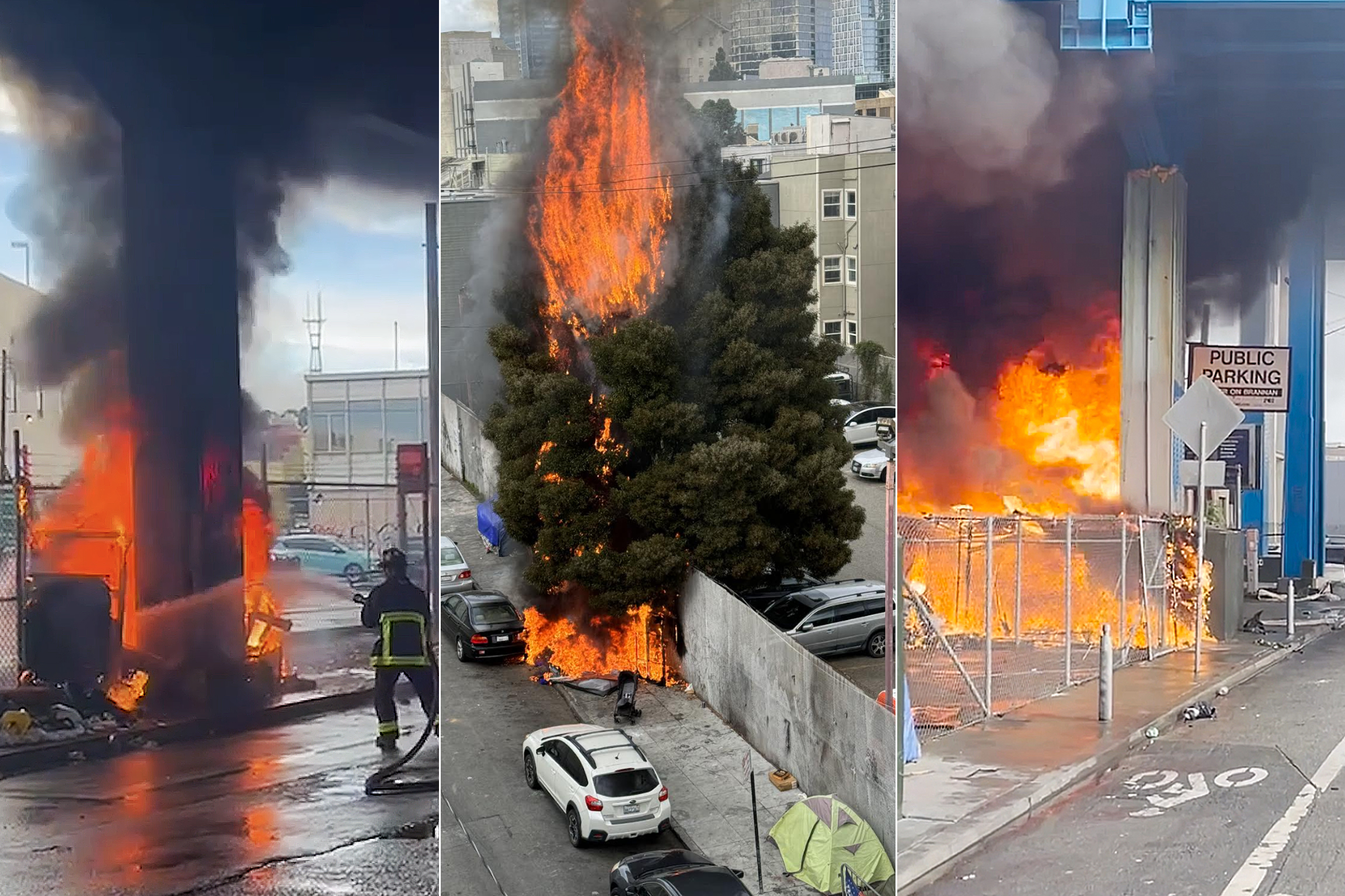 A triptych of images showing a large urban fire escalating. Flames engulf structures and trees near a parking sign.