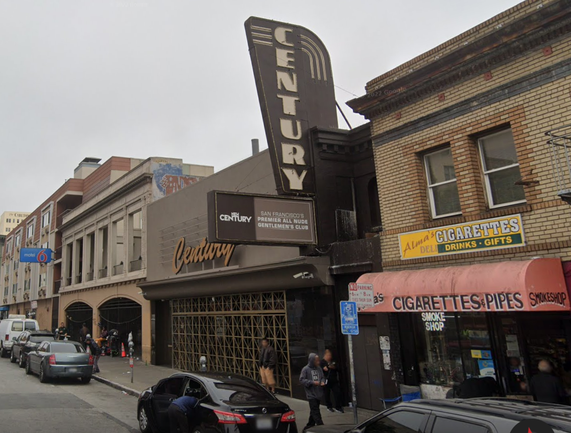 A strip club is seen on a San Francisco street.