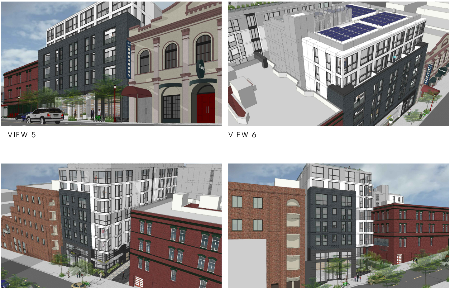 Four architectural renderings of a modern multistory building with traditional surrounding structures.