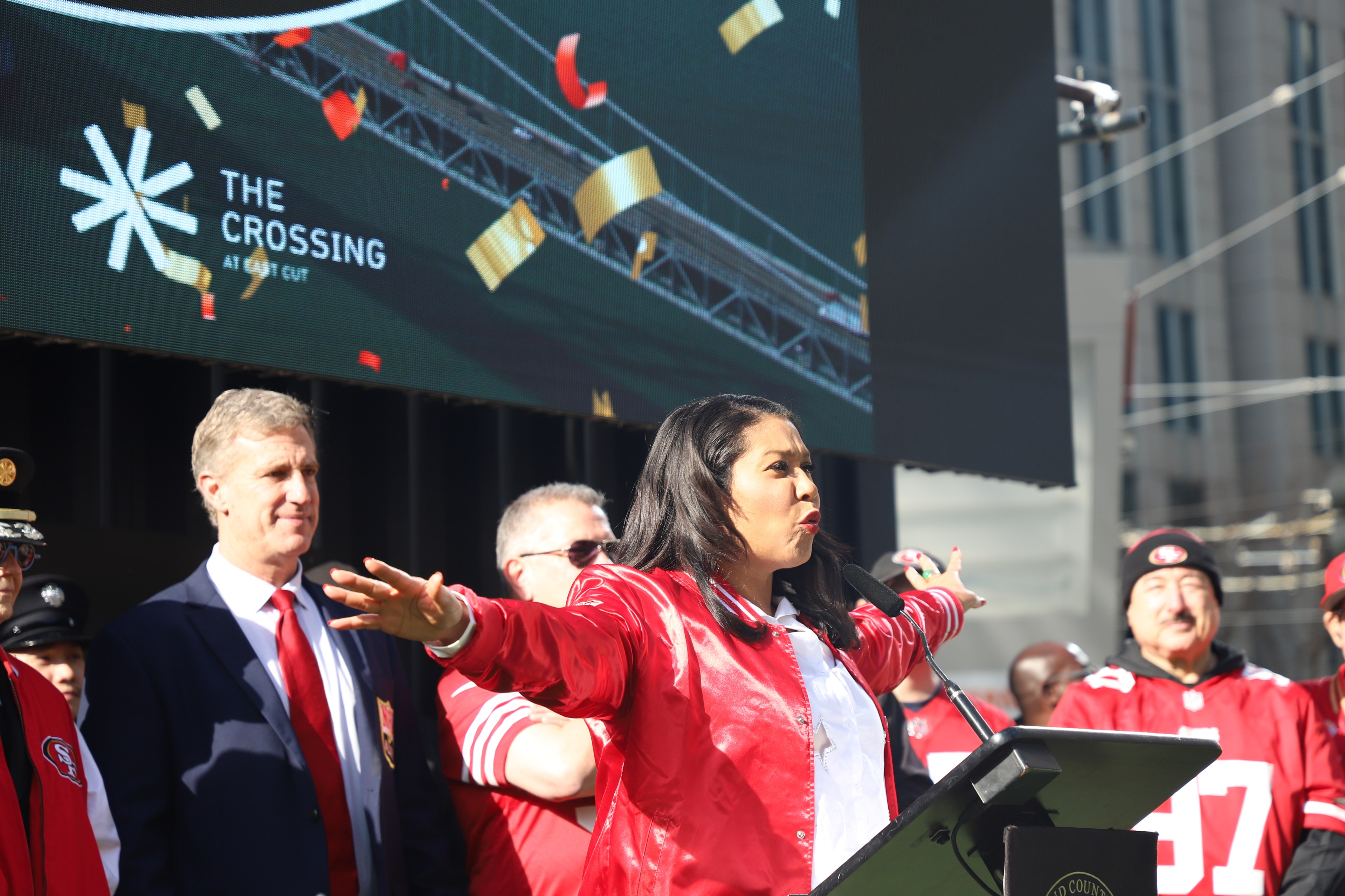 Mayor London Breed makes remarks at a pre-Super Bowl event at the Crossing at East Cut in downtown San Francisco on Friday, Feb. 9, 2024.