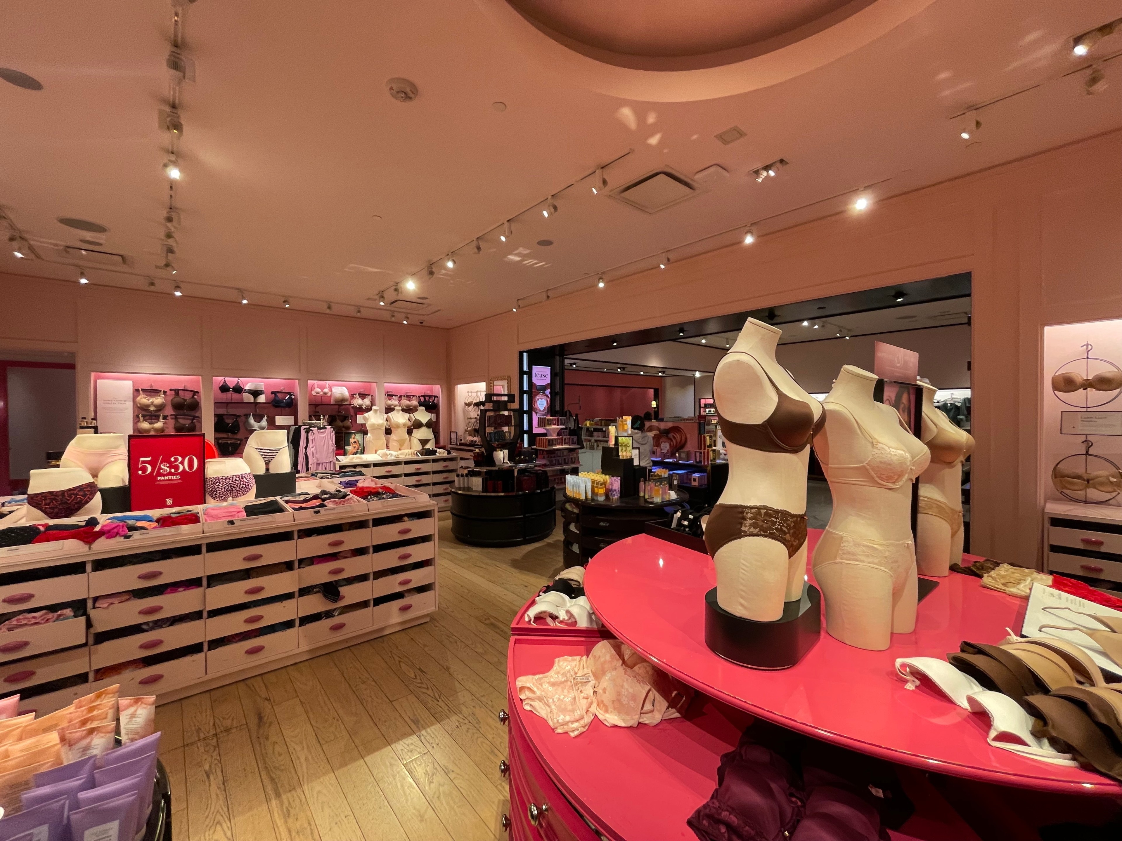 Lingerie is displayed inside a Victoria's Secret store.