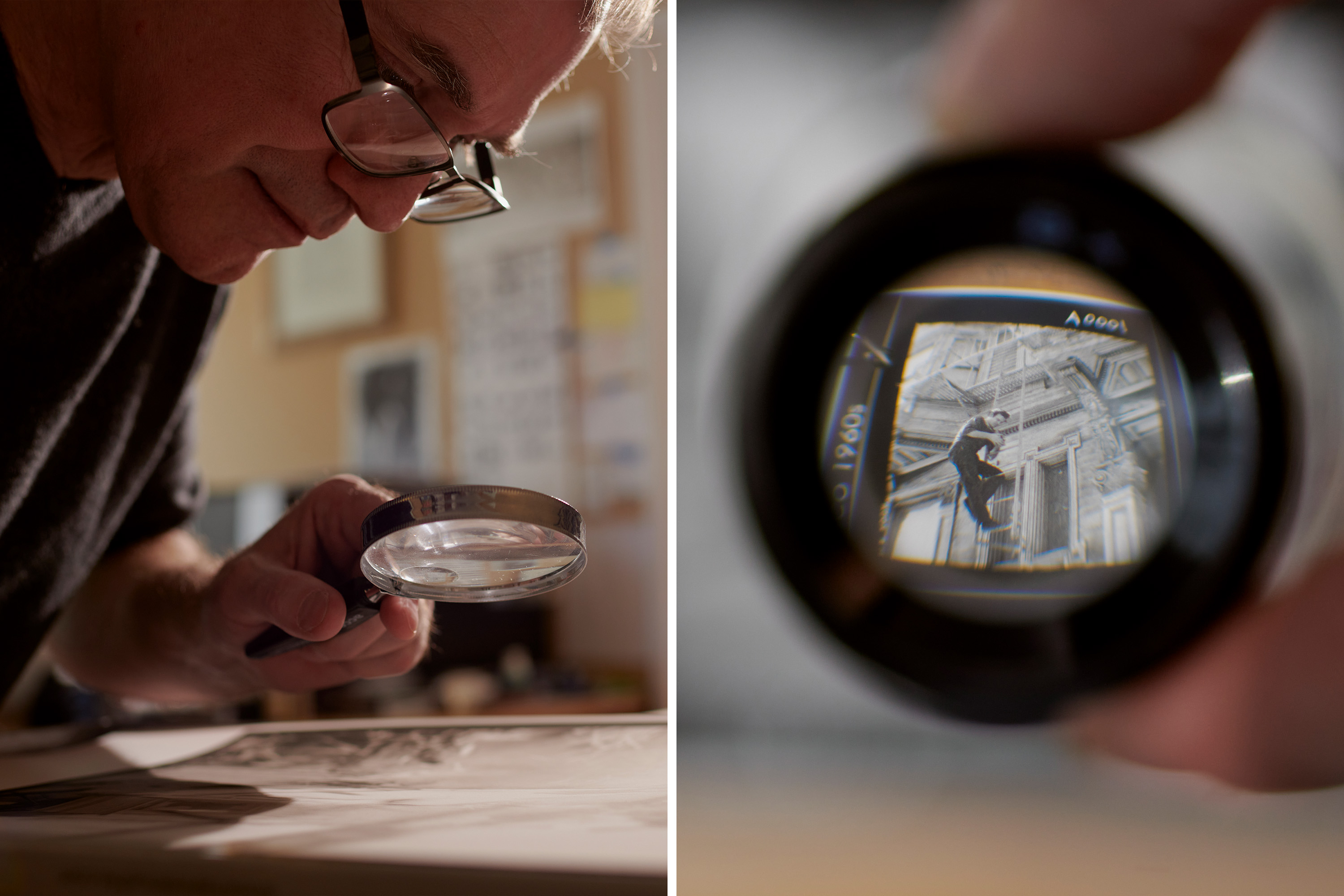 A person examines artwork closely with a magnifying glass; the other image shows a view through a camera lens of a photo.