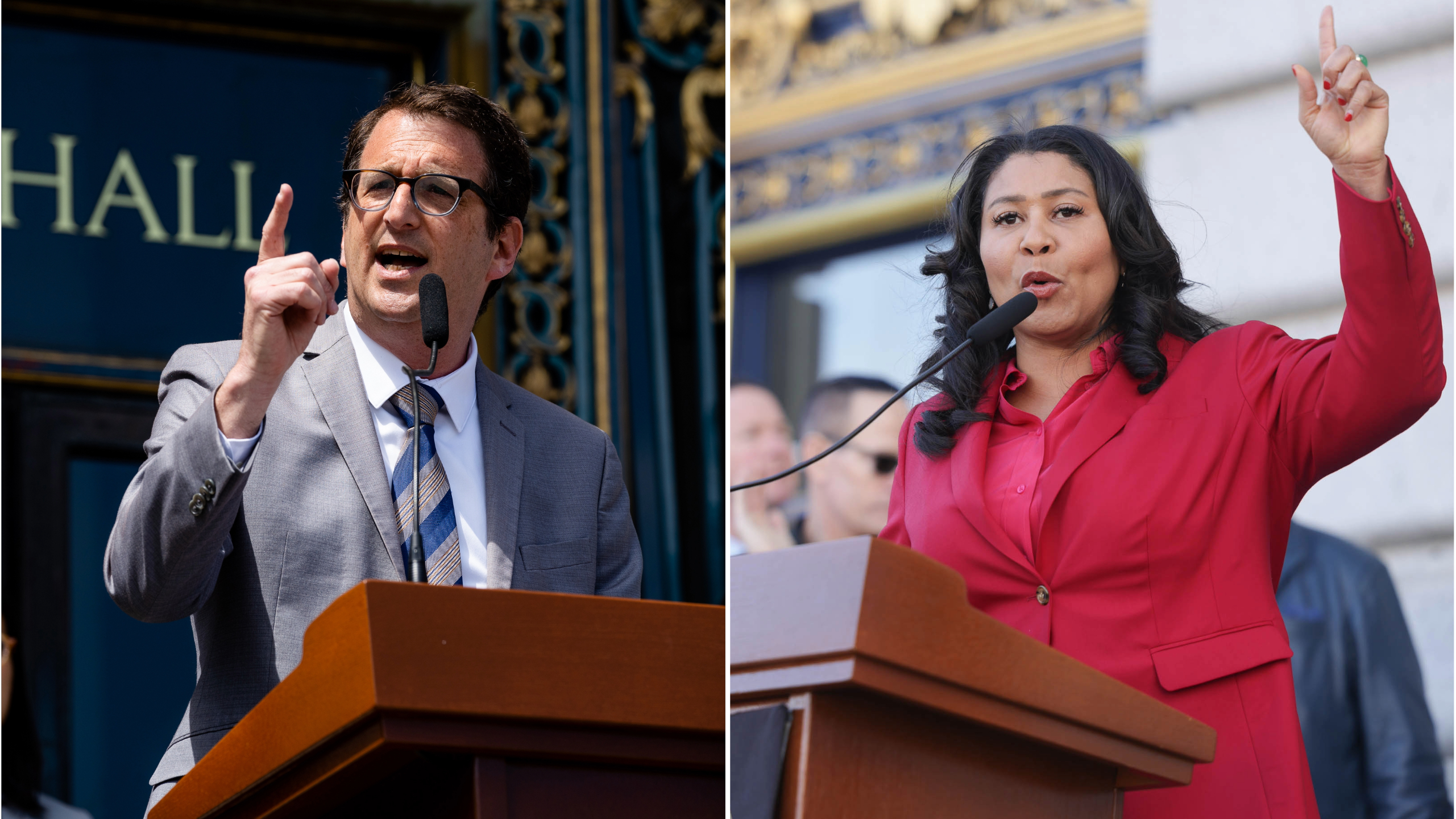 a composite image shows Dean Preston speaking in a gray suit at an outdoor podium with a hand raised, and Mayor London Breed speaking in a red suit, also with her arm raised